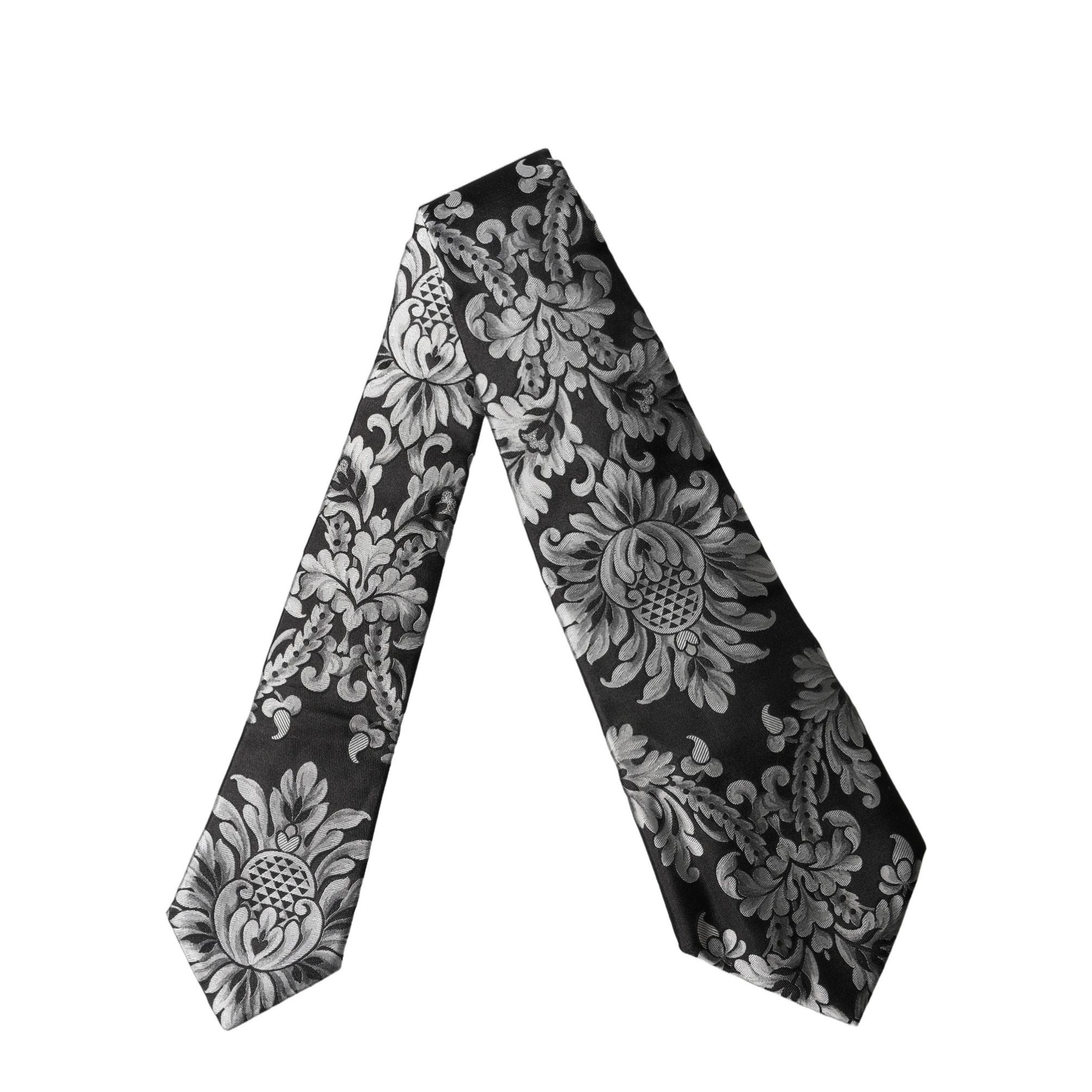 Dolce & Gabbana Black Silver Floral Silk Adjustable Women Necktie Tie
