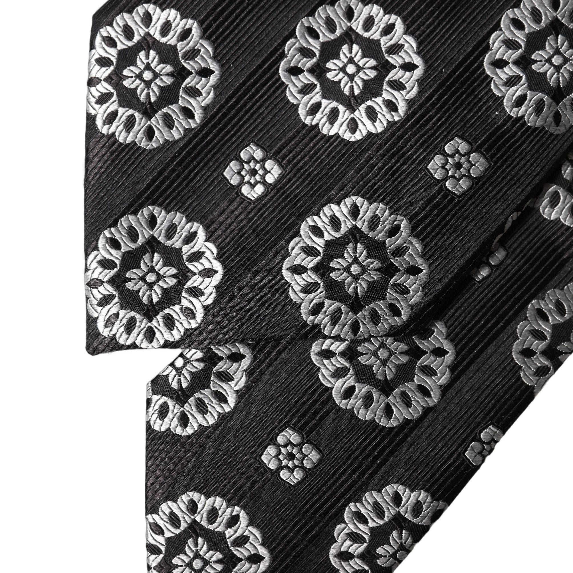 Dolce & Gabbana Black White Floral Silk Adjustable Women Necktie Tie