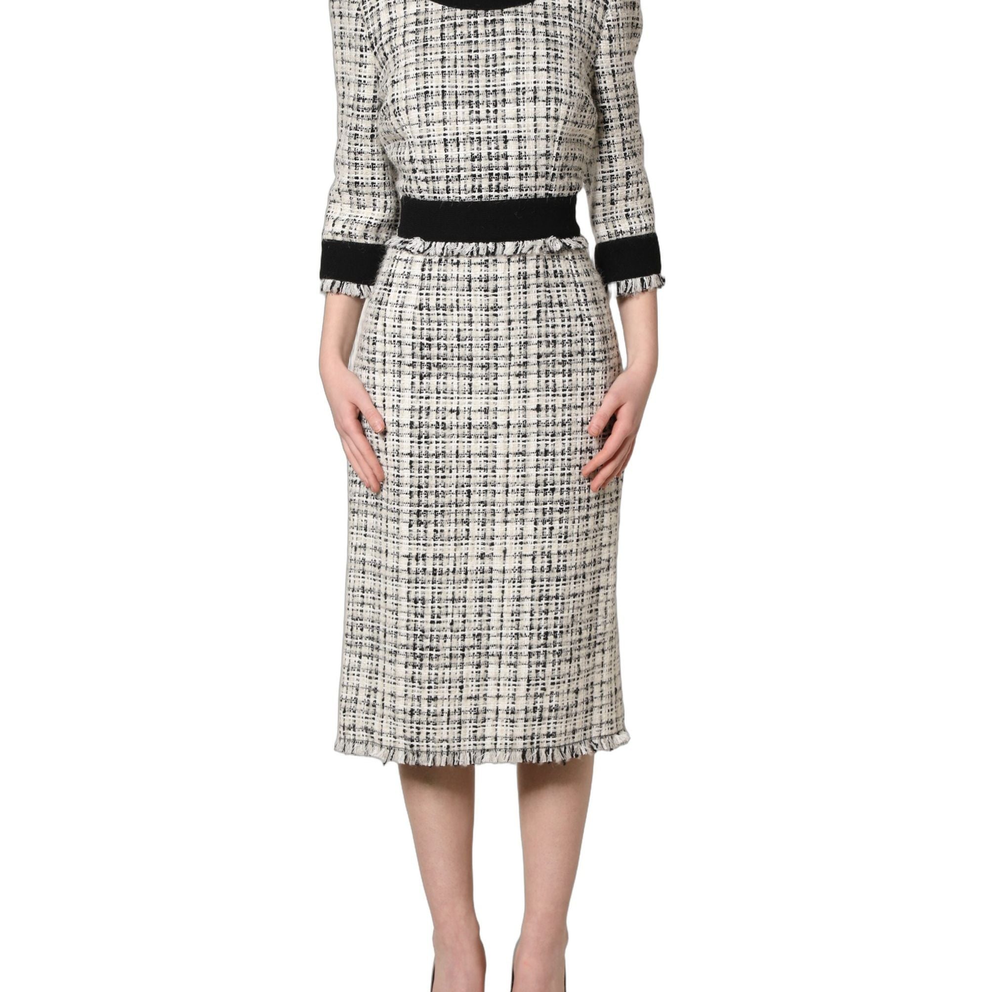 Dolce & Gabbana Black White Tweed Sheath A-line Midi Dress