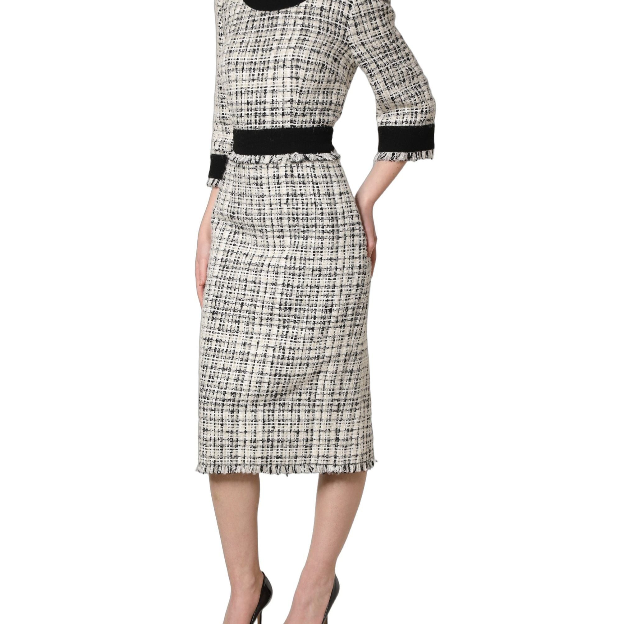 Dolce & Gabbana Black White Tweed Sheath A-line Midi Dress