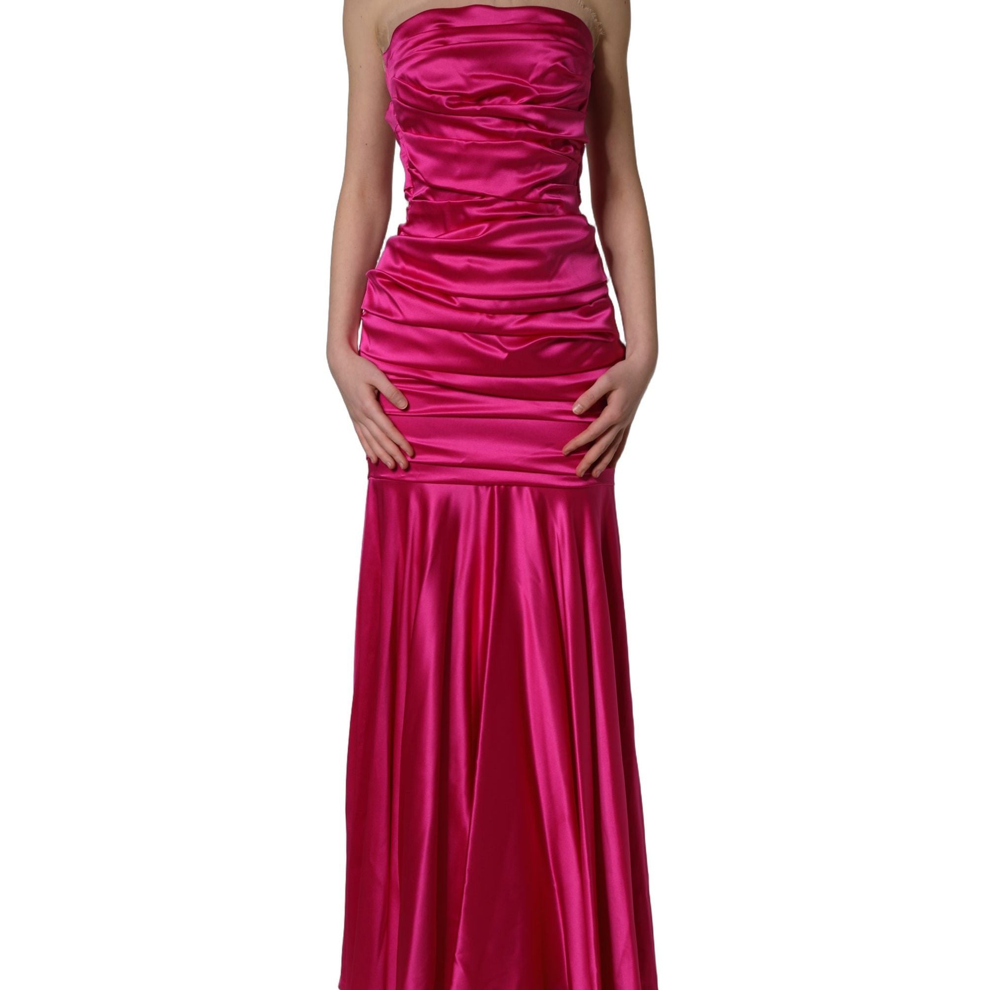 Dolce & Gabbana Hot Pink Ruched Satin Strapless Gown Dress