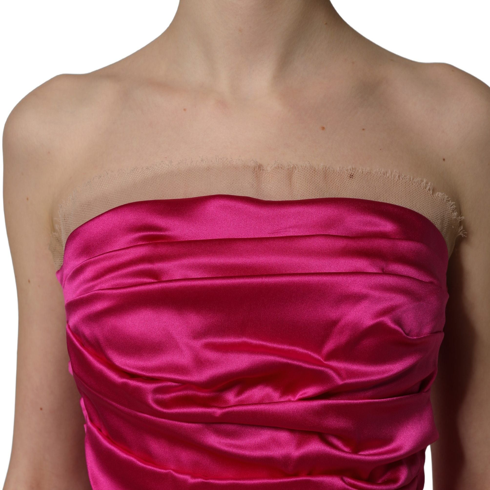 Dolce & Gabbana Hot Pink Ruched Satin Strapless Gown Dress