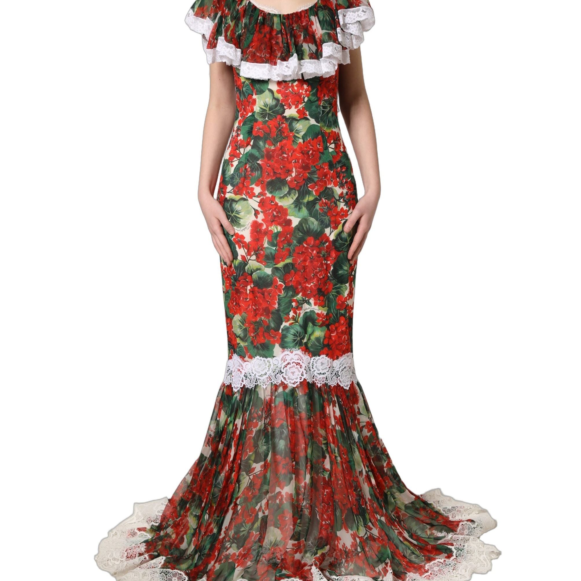 Dolce & Gabbana Multicolor Geranium Flower Lace Maxi Dress