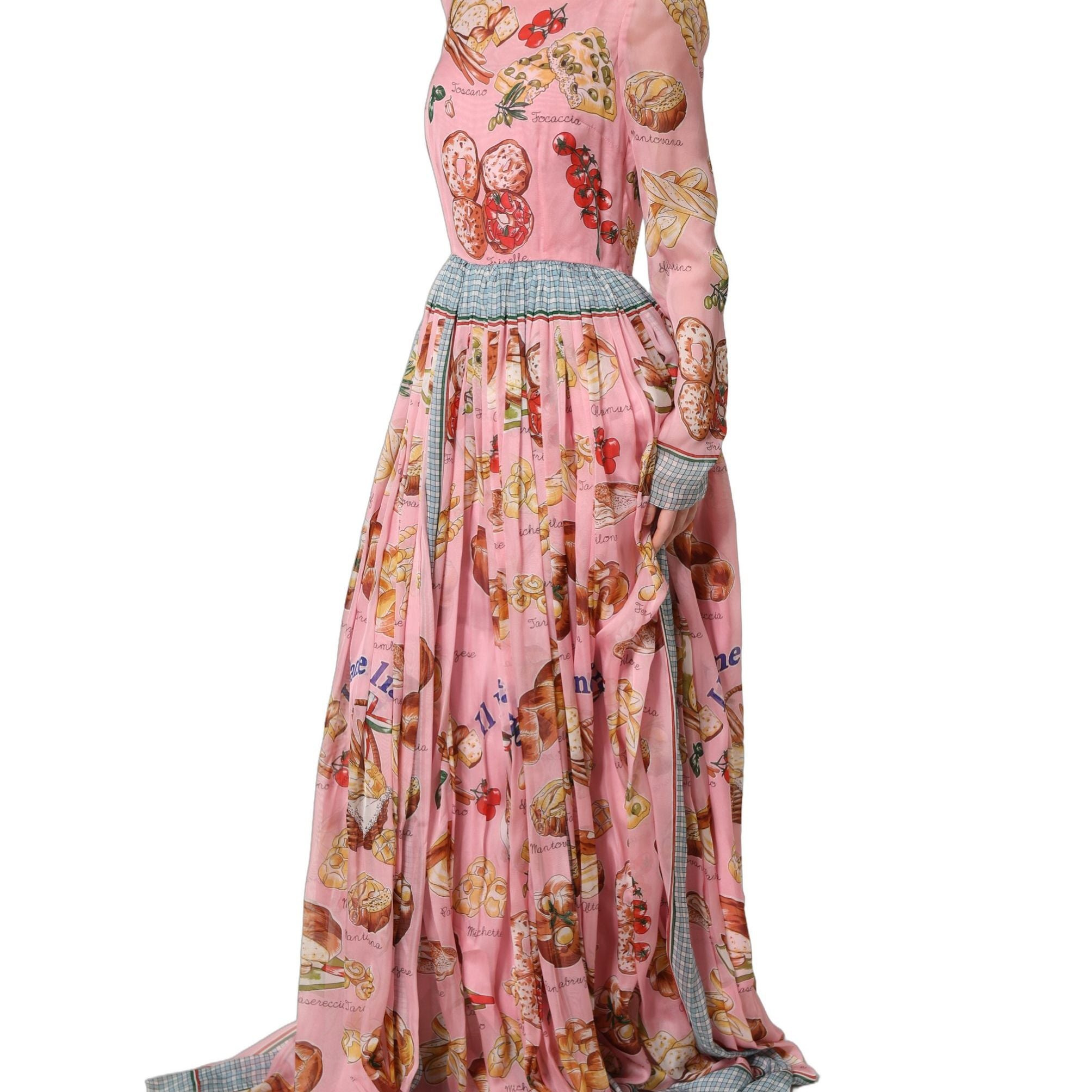Dolce & Gabbana Light Pink Bread Print Pleated Maxi Dress