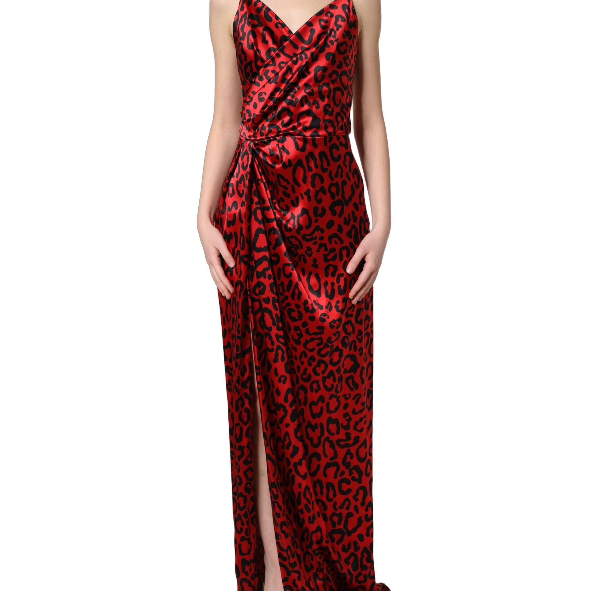 Dolce & Gabbana Red Leopard Draped Sleeveless Maxi Dress