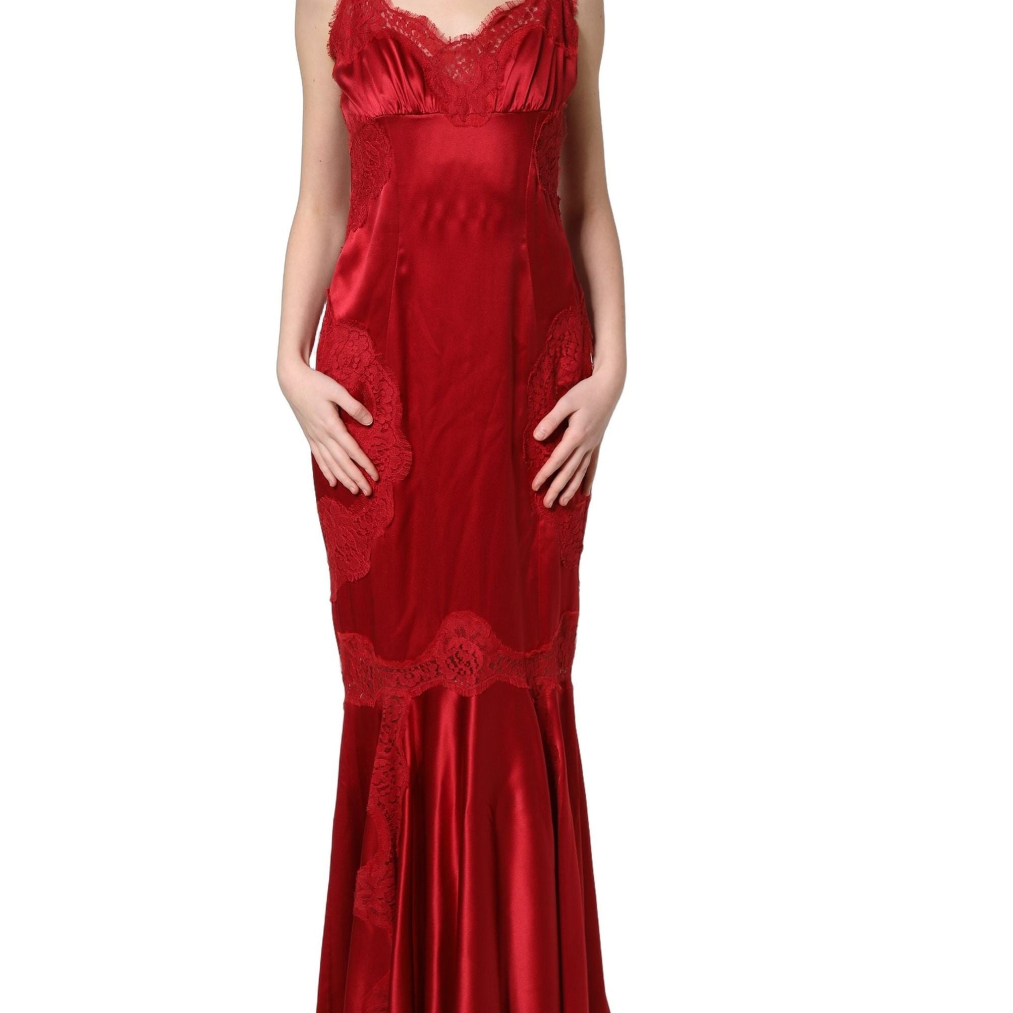 Dolce & Gabbana Red Silk Sleeveless Maxi Long Lace Trim Dress
