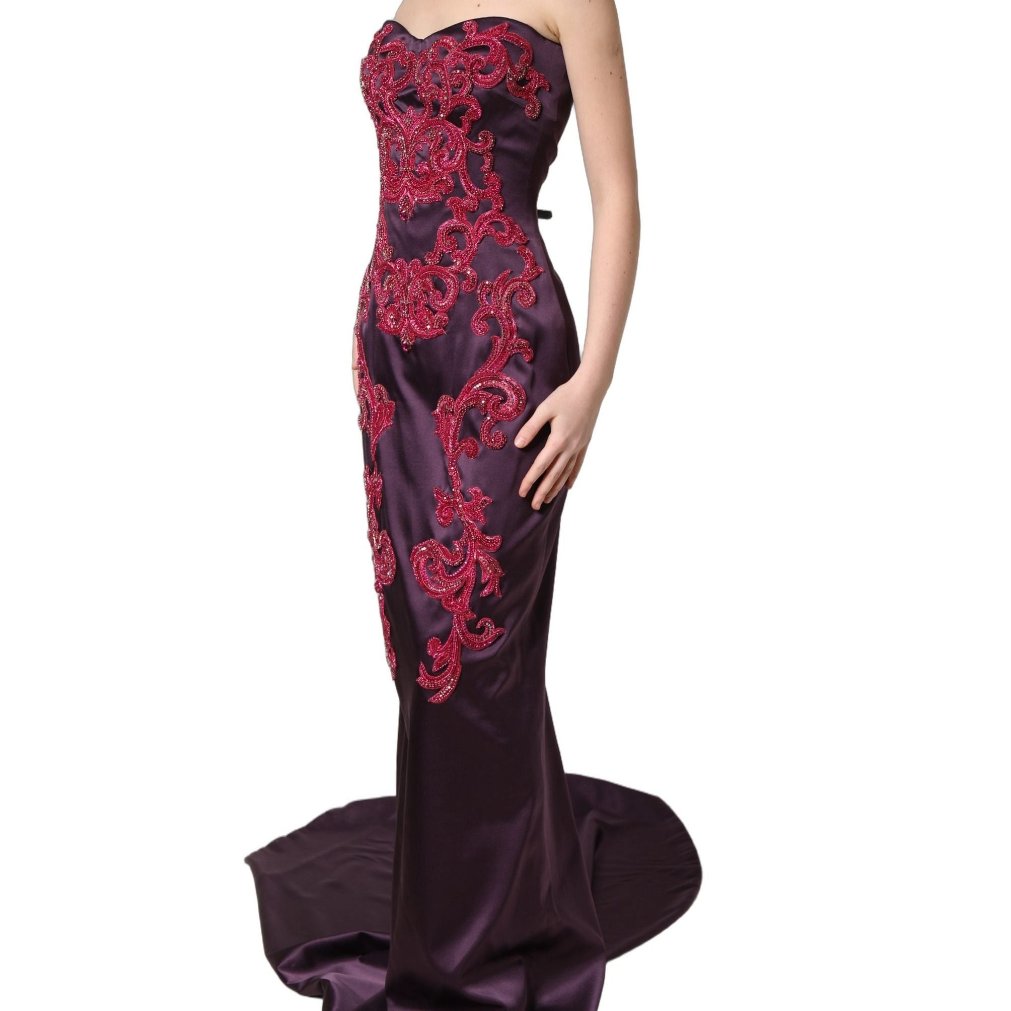 Dolce & Gabbana Purple Silk Crystal Strapless Floor Length Gown Dress