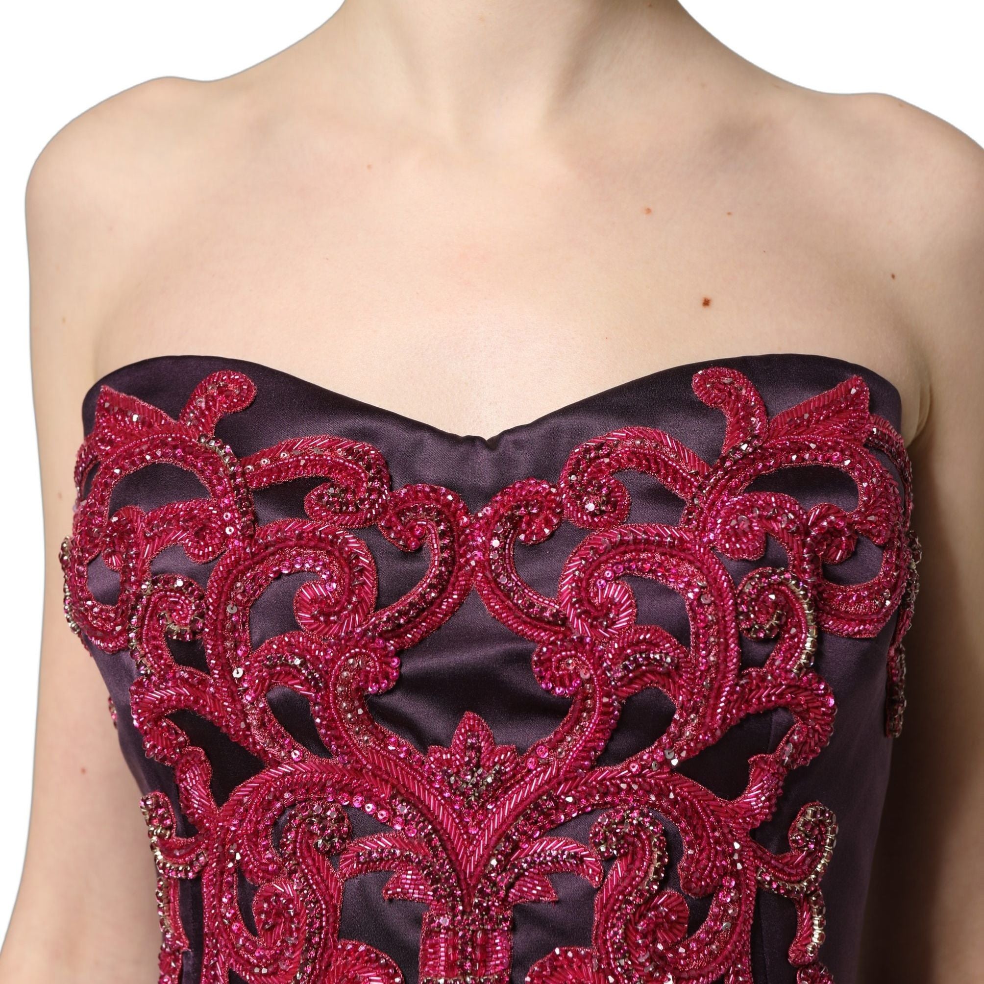 Dolce & Gabbana Purple Silk Crystal Strapless Floor Length Gown Dress