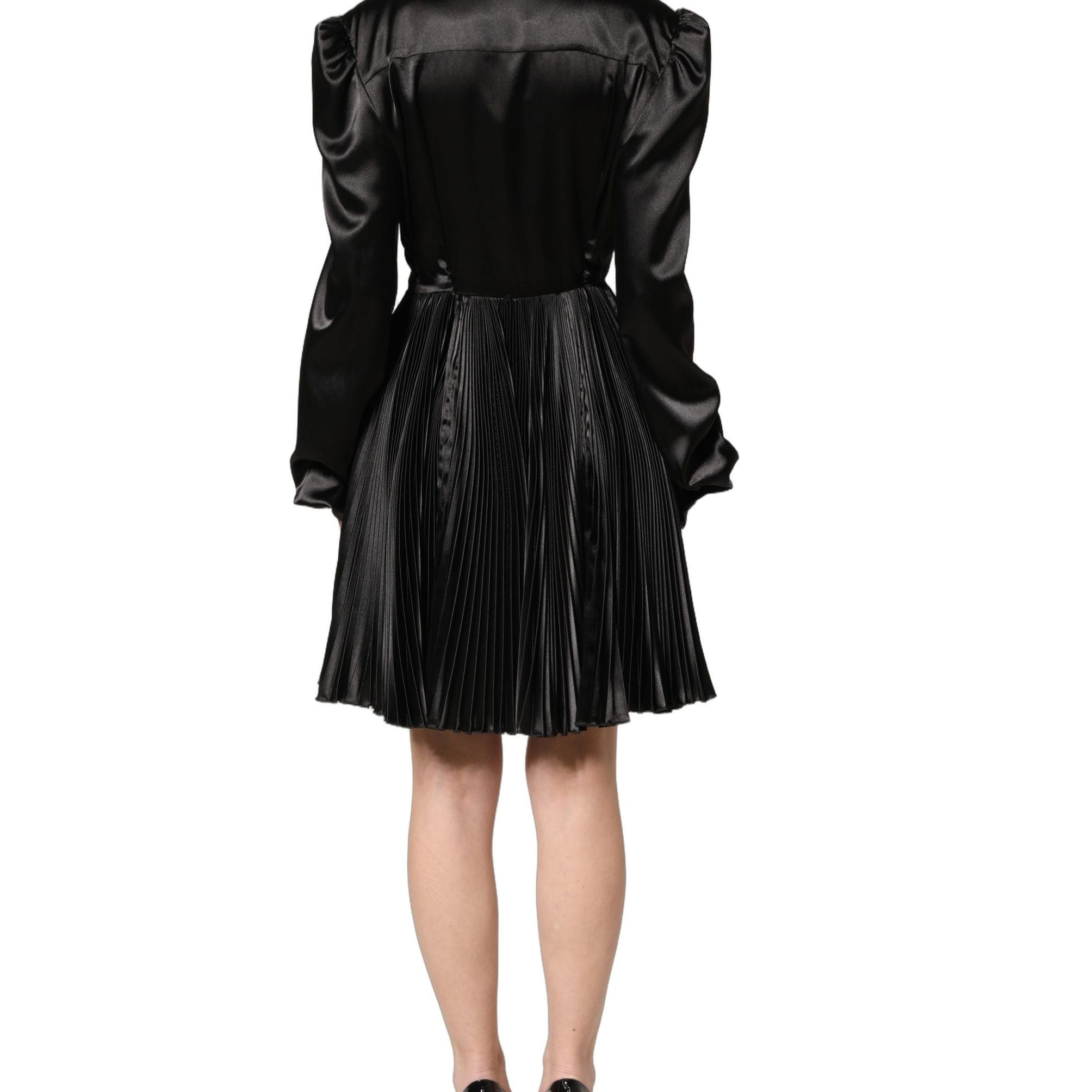 Dolce & Gabbana Black Satin Long Puff Sleeves Pleated Dress