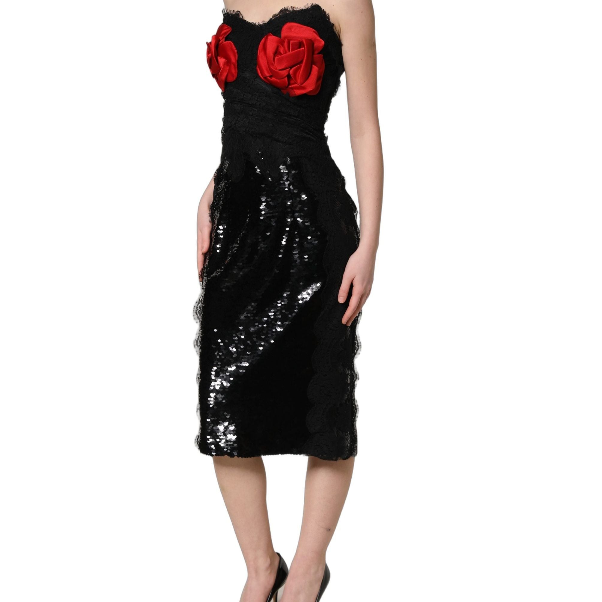 Dolce & Gabbana Black Strapless Red Rose Sequined Midi Dress