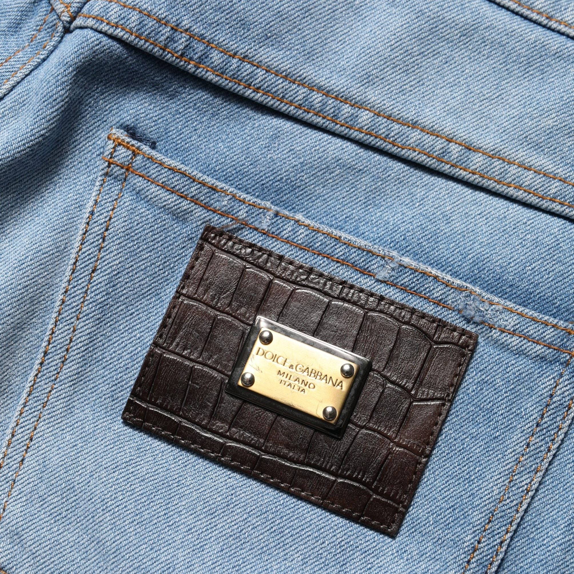 Dolce & Gabbana Blue Distressed Pleated Cotton Denim Jeans