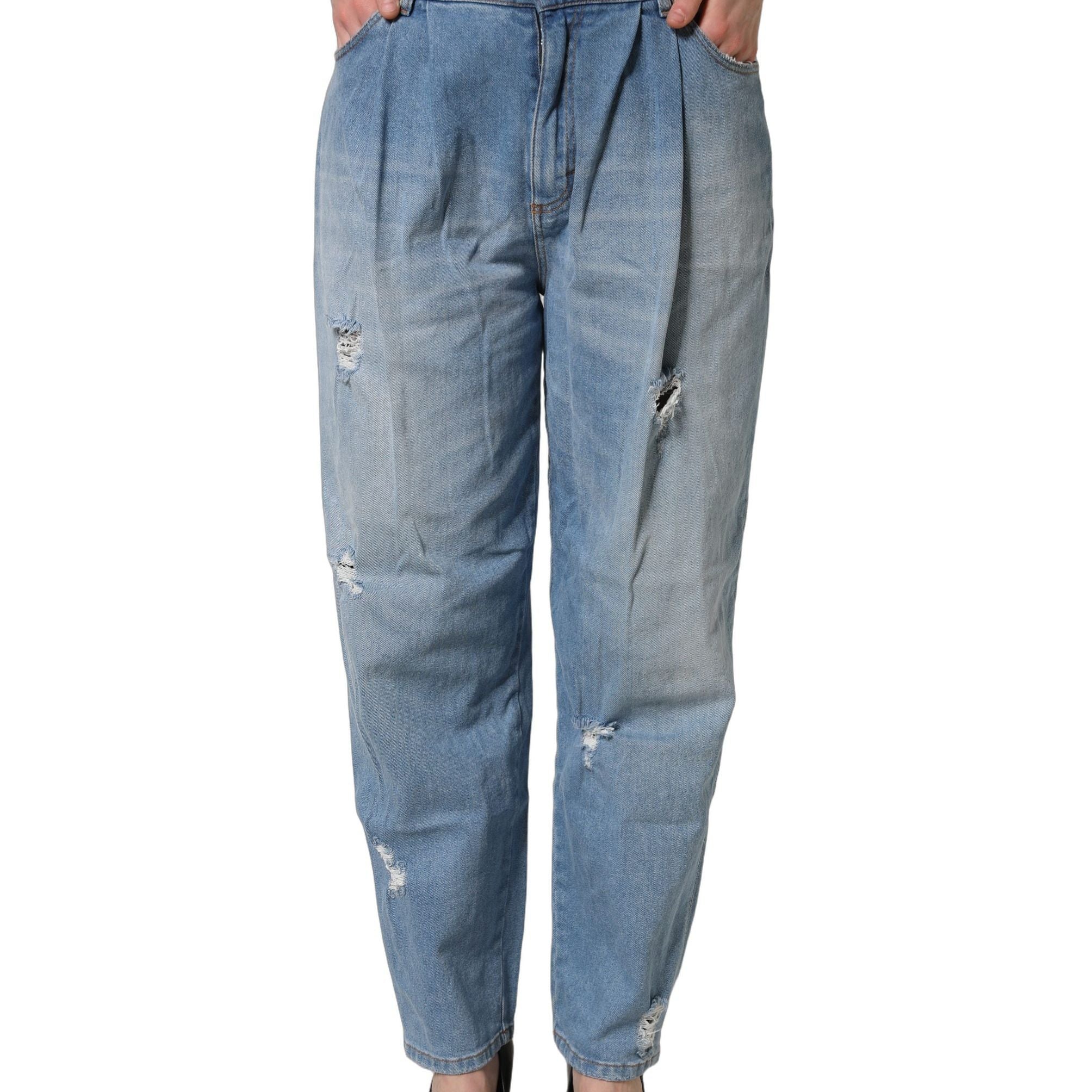 Dolce & Gabbana Blue Distressed Pleated Cotton Denim Jeans