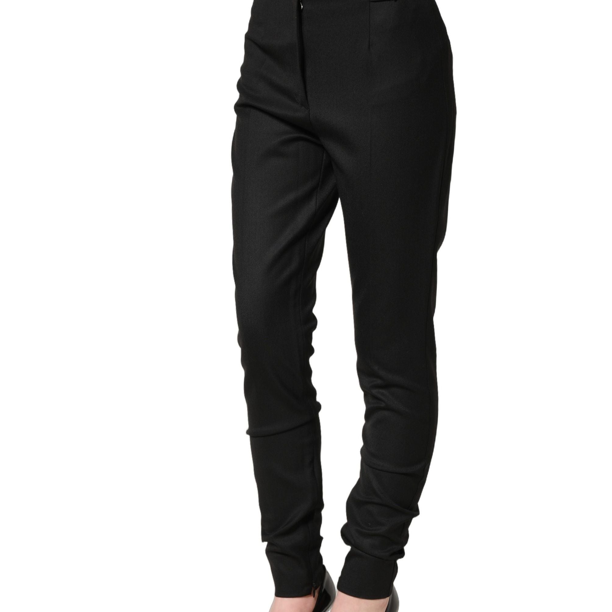 Dolce & Gabbana Black Wool High Waisted Logo Trouser Pants