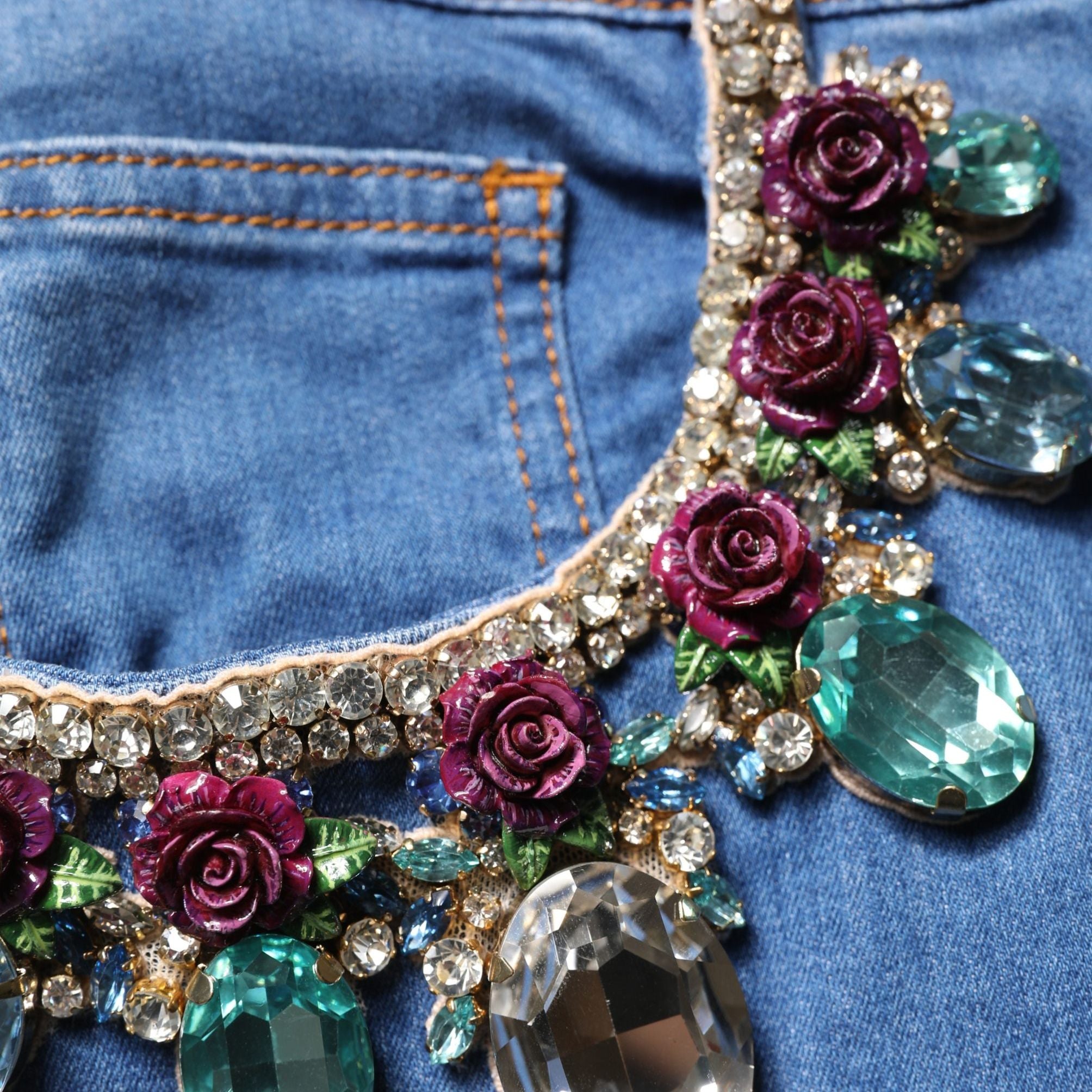 Dolce & Gabbana Blue Cotton Embellished BermudaDenim Shorts