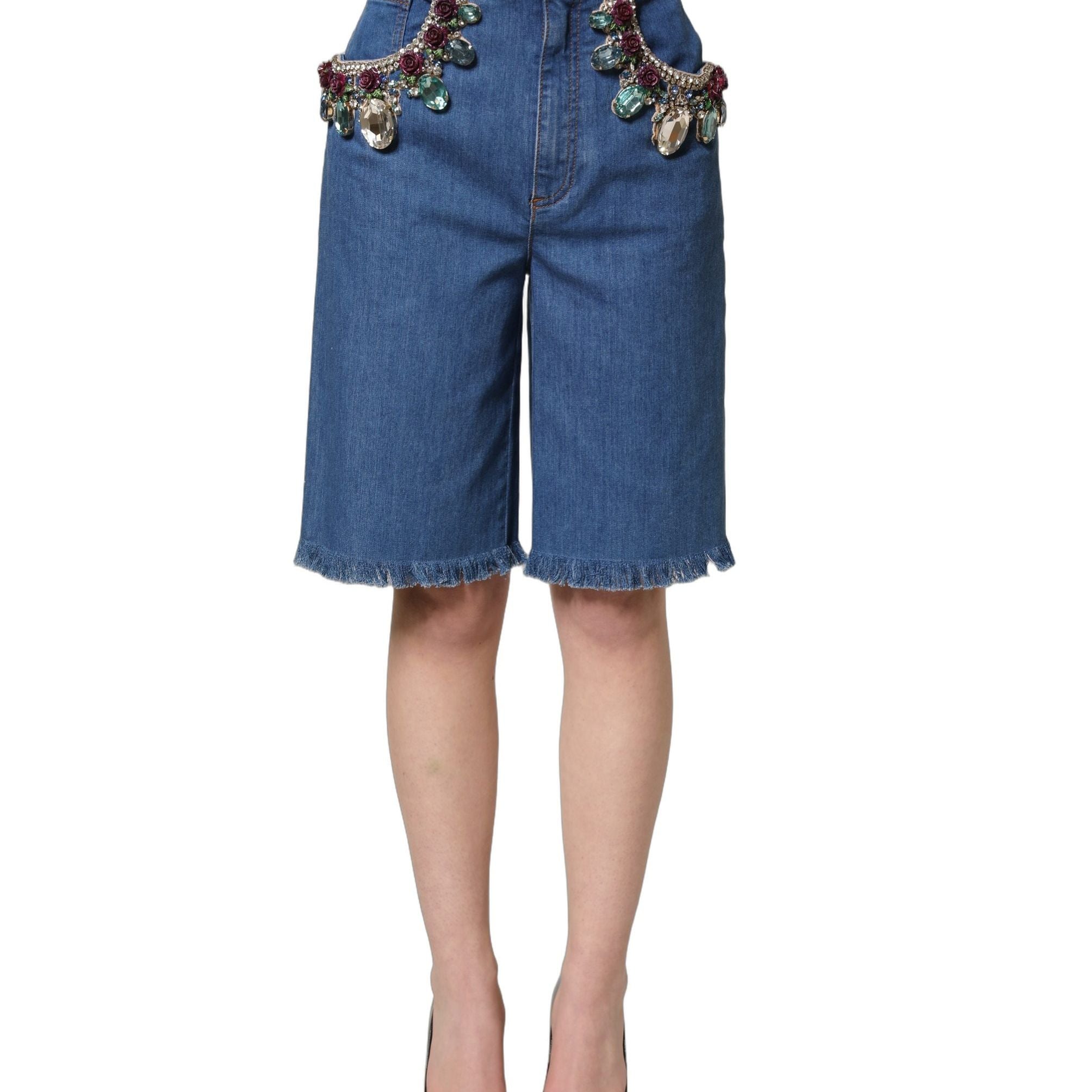 Dolce & Gabbana Blue Cotton Embellished BermudaDenim Shorts