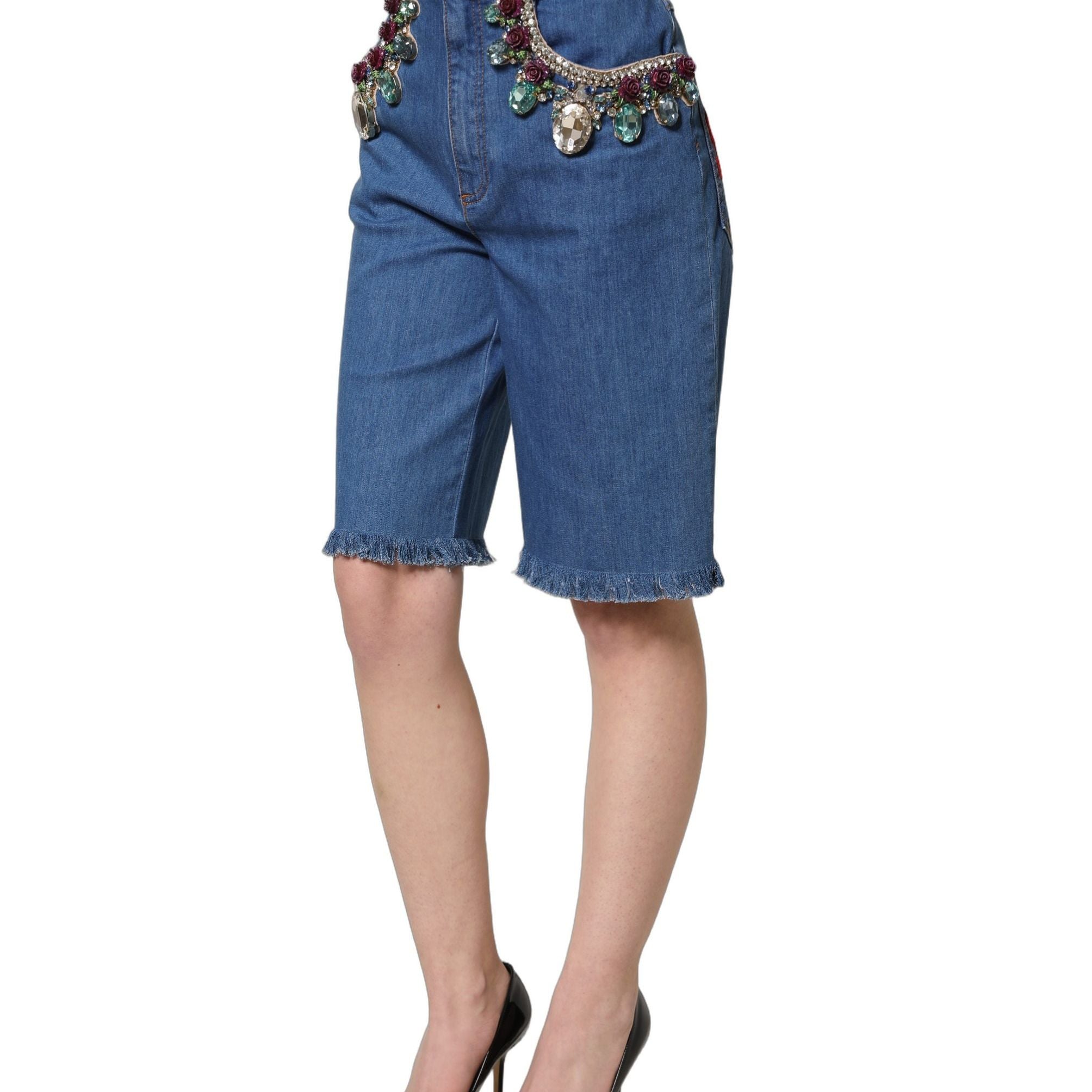Dolce & Gabbana Blue Cotton Embellished BermudaDenim Shorts