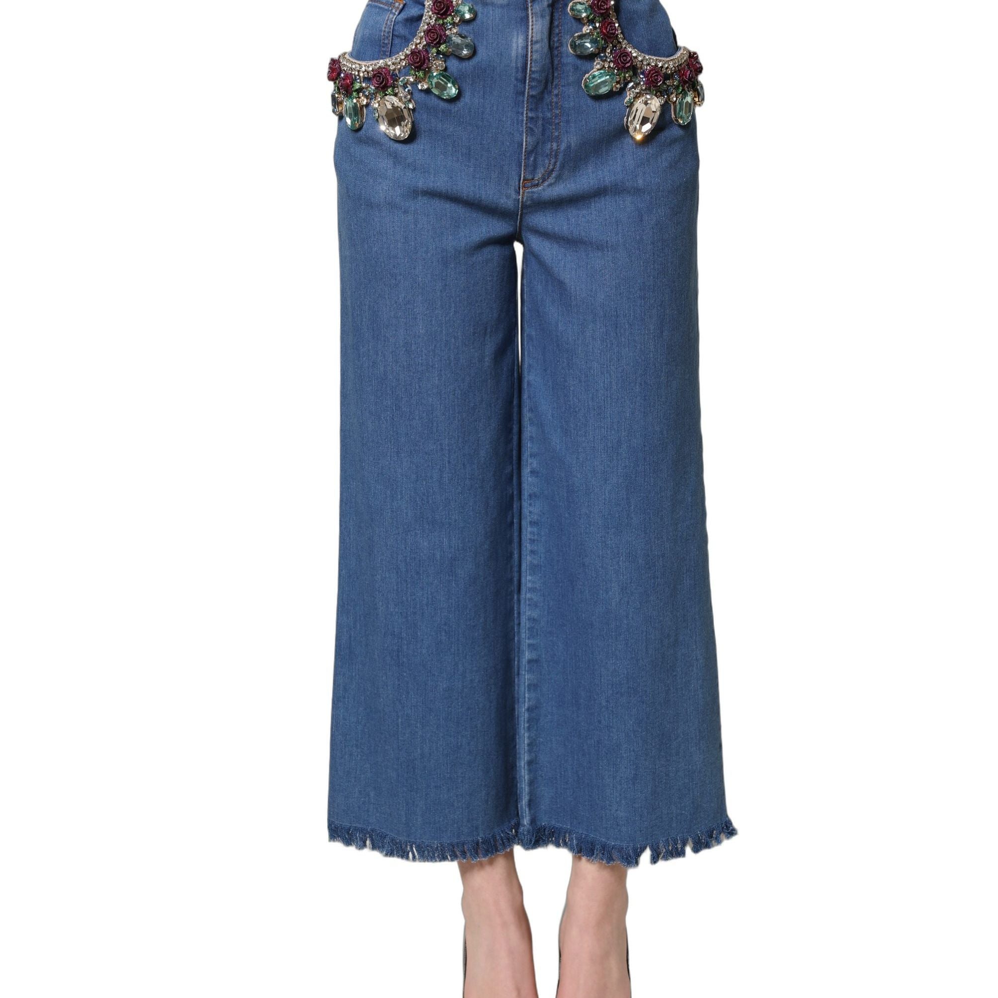 Dolce & Gabbana Blue Embellished Wide Cropped Denim Jeans