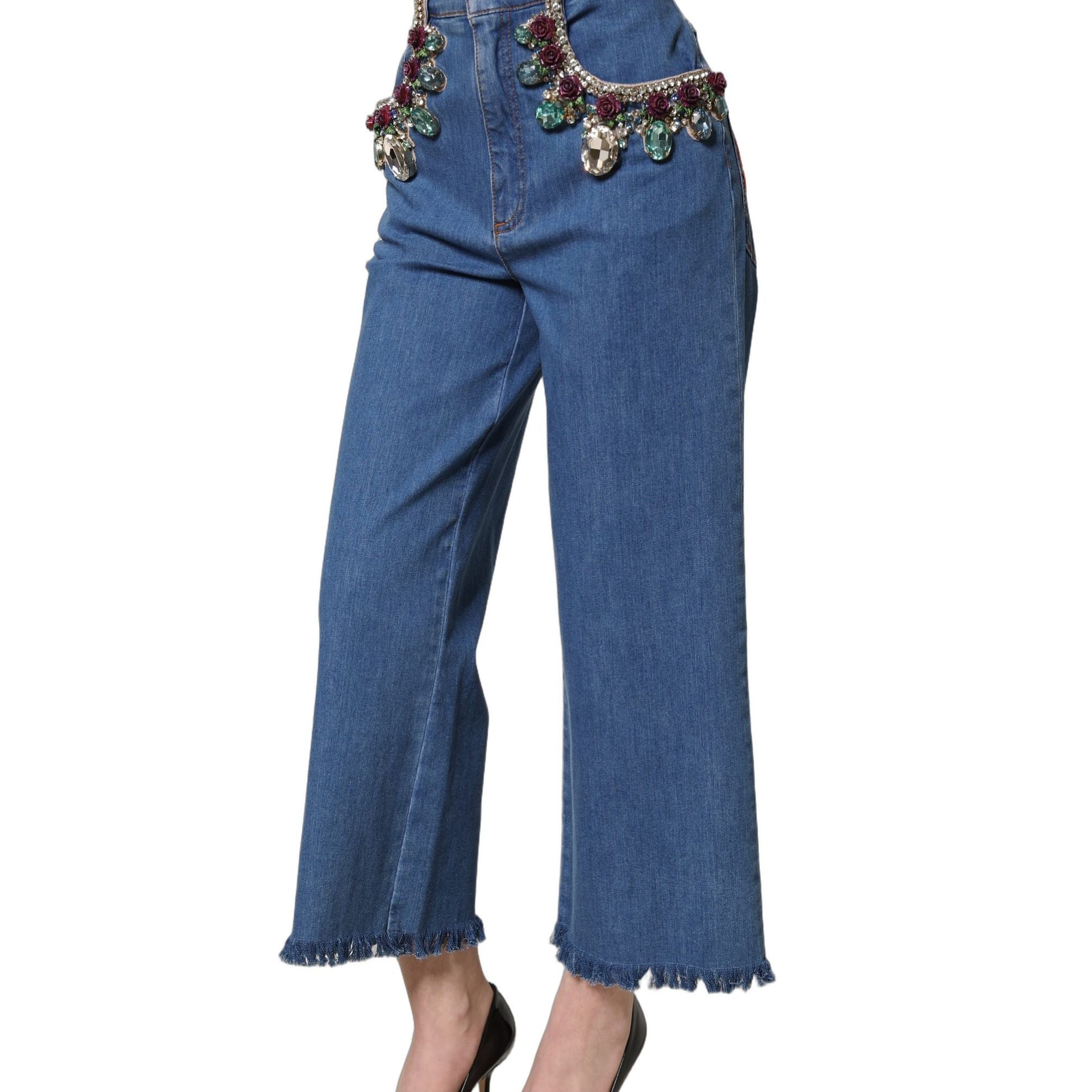 Dolce & Gabbana Blue Embellished Wide Cropped Denim Jeans