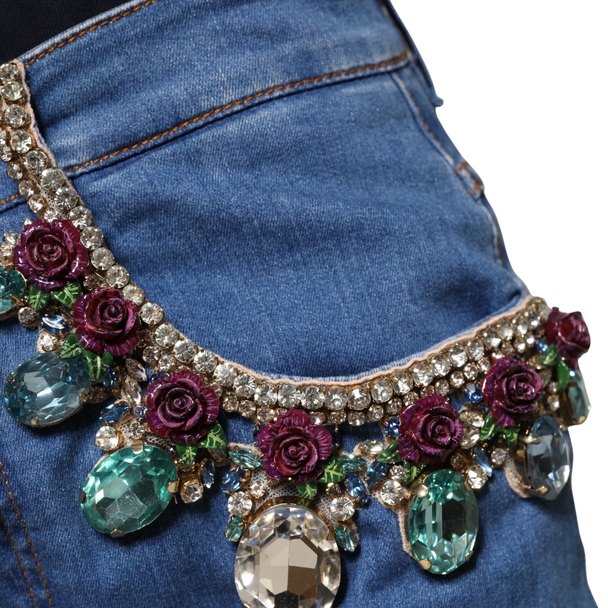 Dolce & Gabbana Blue Embellished Wide Cropped Denim Jeans