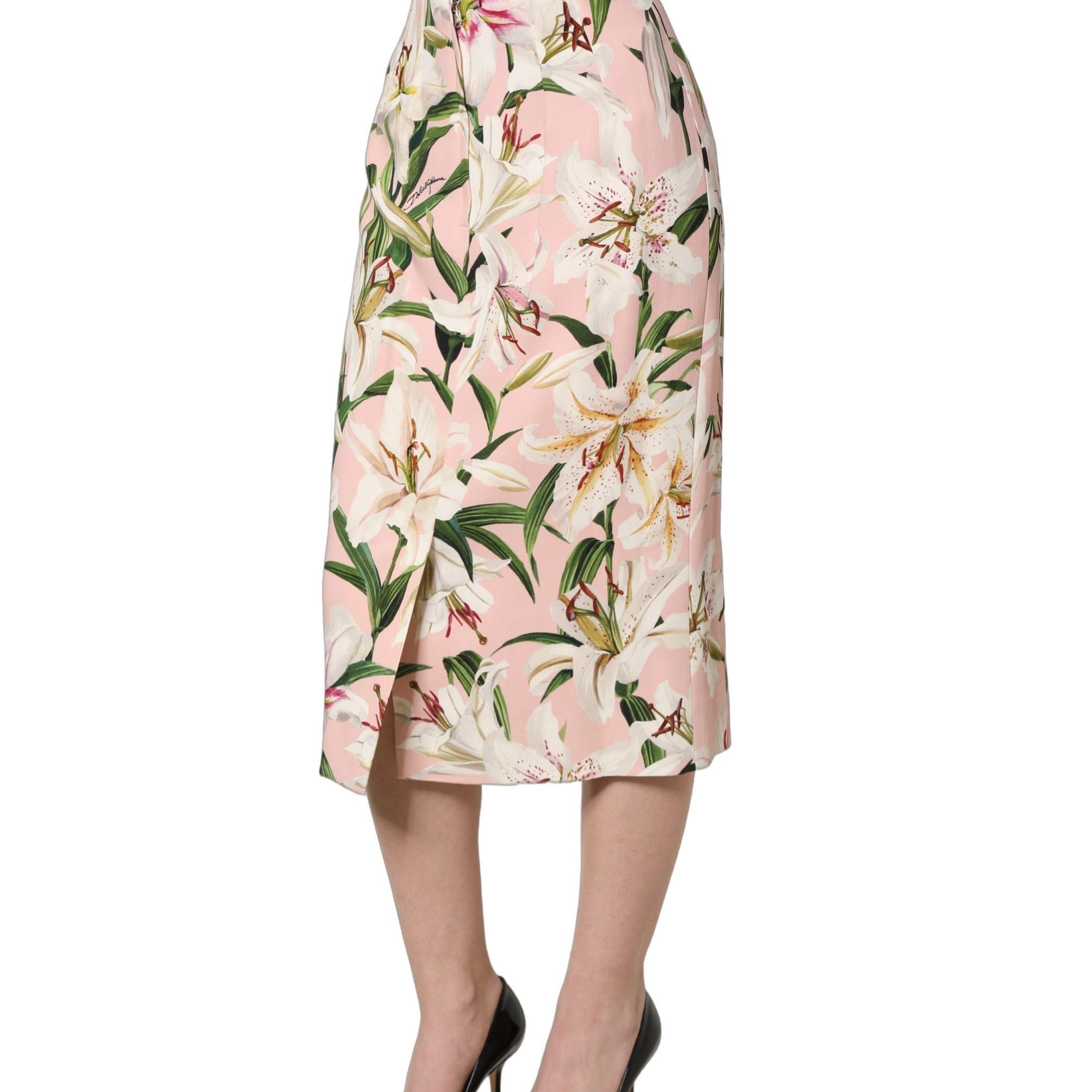 Dolce & Gabbana Pink Lilium Print High Waist Pencil Skirt