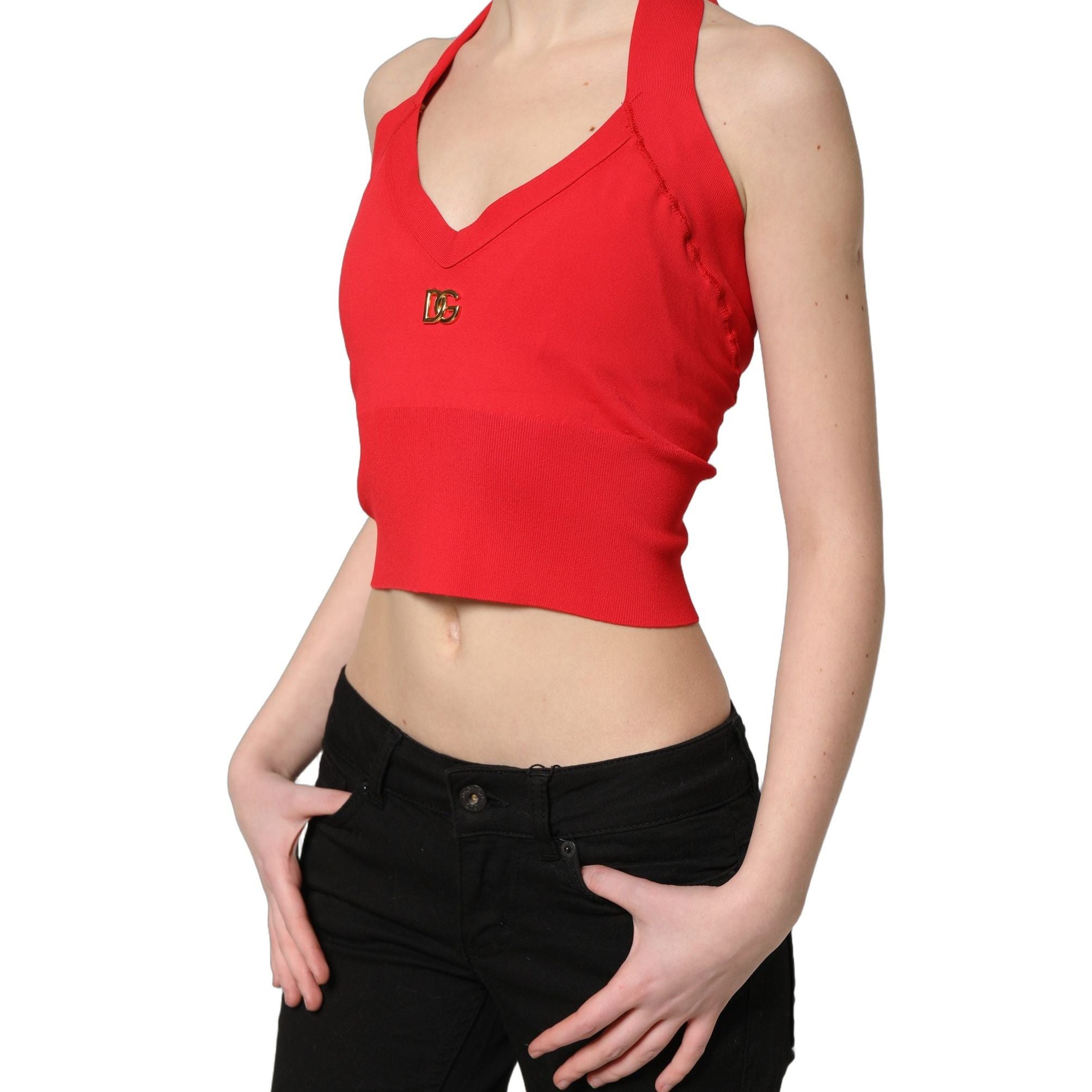 Dolce & Gabbana Red Viscose Sleeveless Halter Crop Tank Top