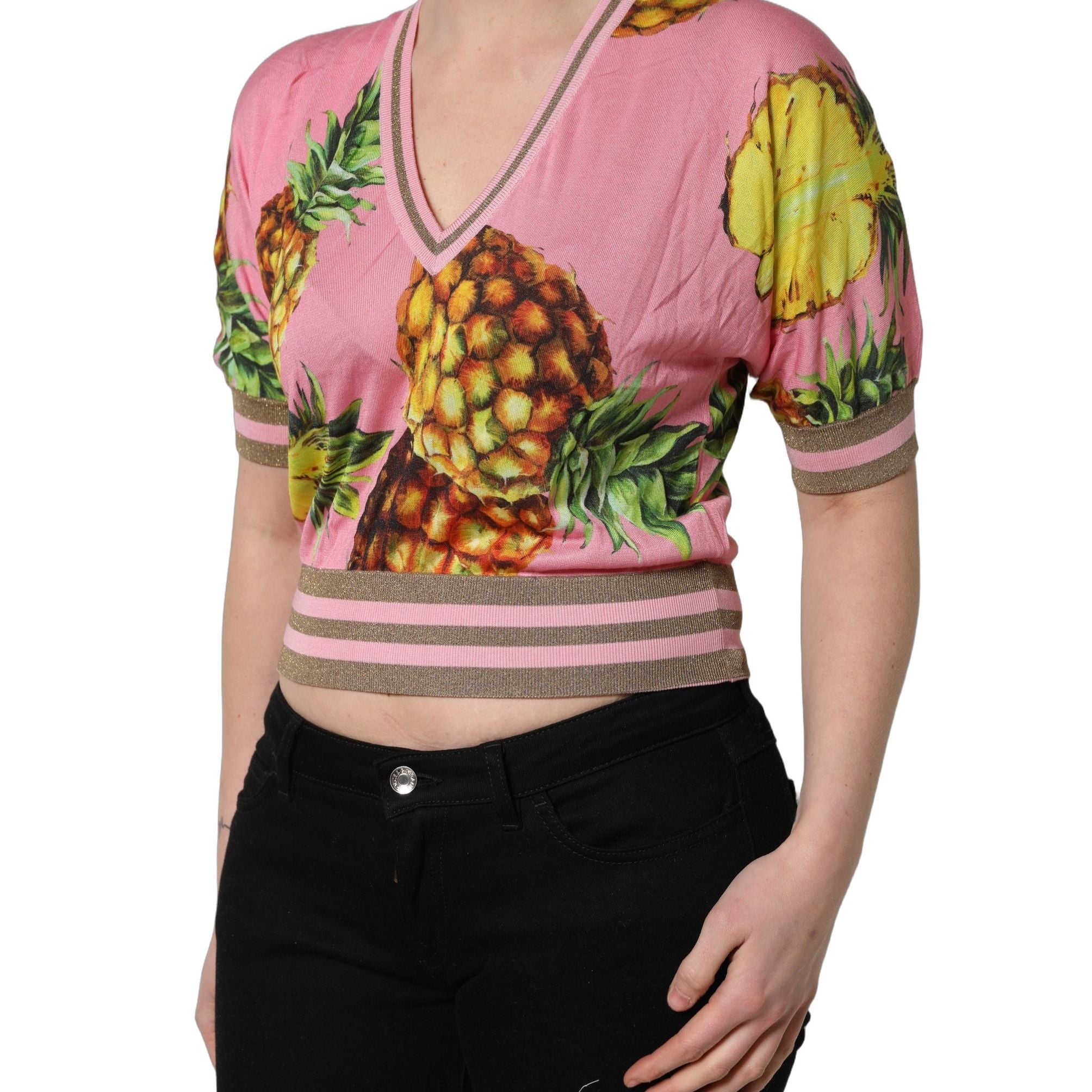 Dolce & Gabbana Pink Pineapple Vneck Short Sleeve Cropped Top