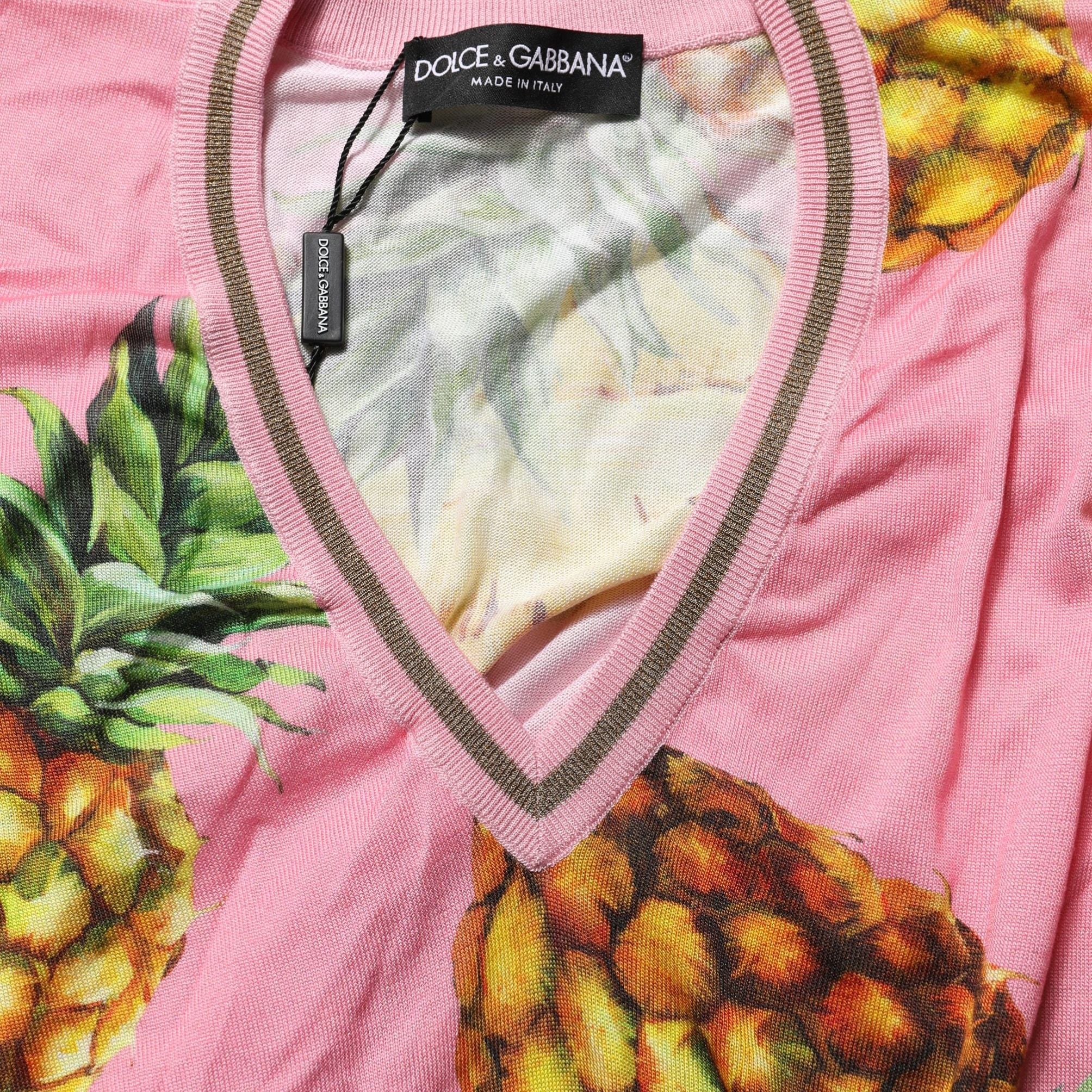Dolce & Gabbana Pink Pineapple Vneck Short Sleeve Cropped Top