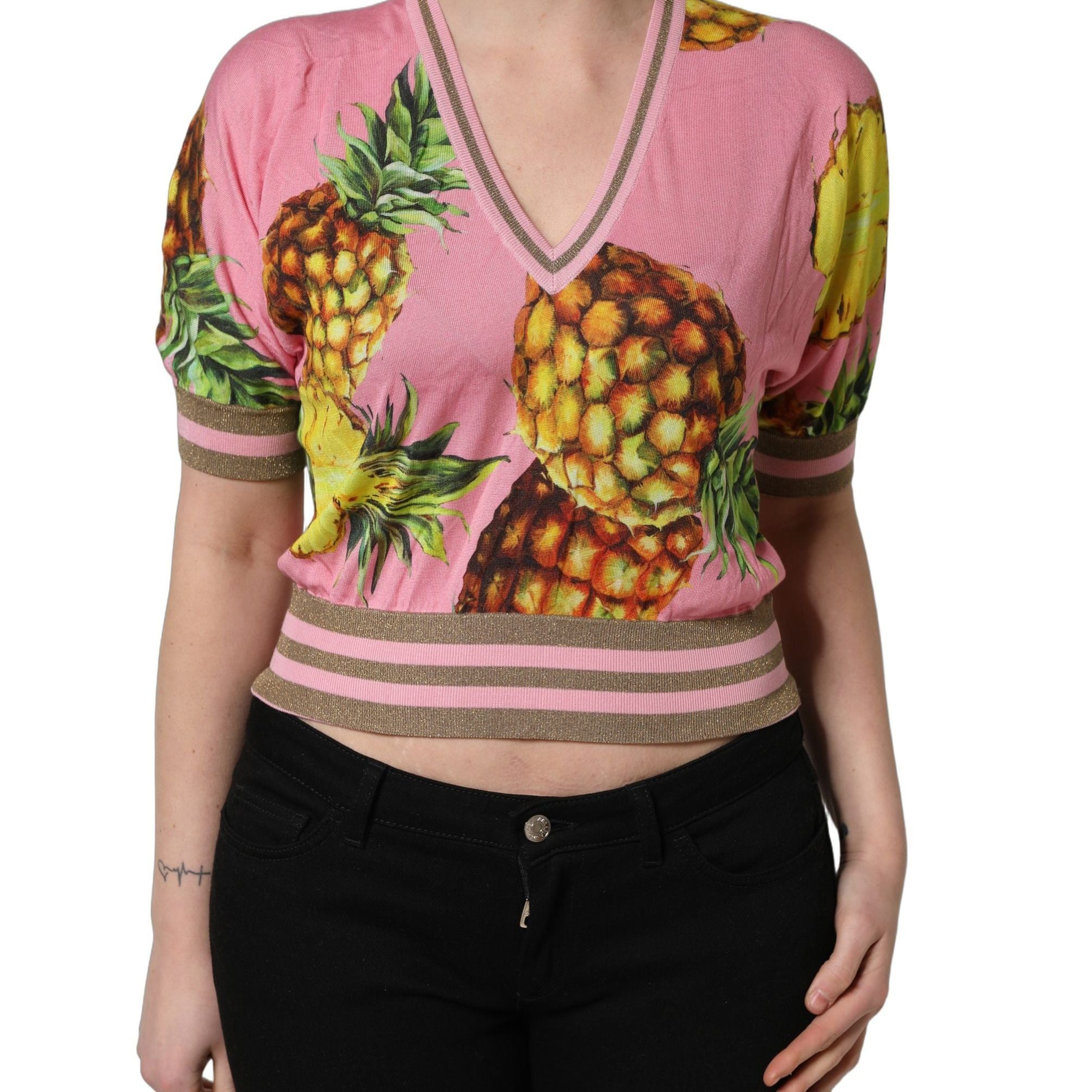 Dolce & Gabbana Pink Pineapple Vneck Short Sleeve Cropped Top