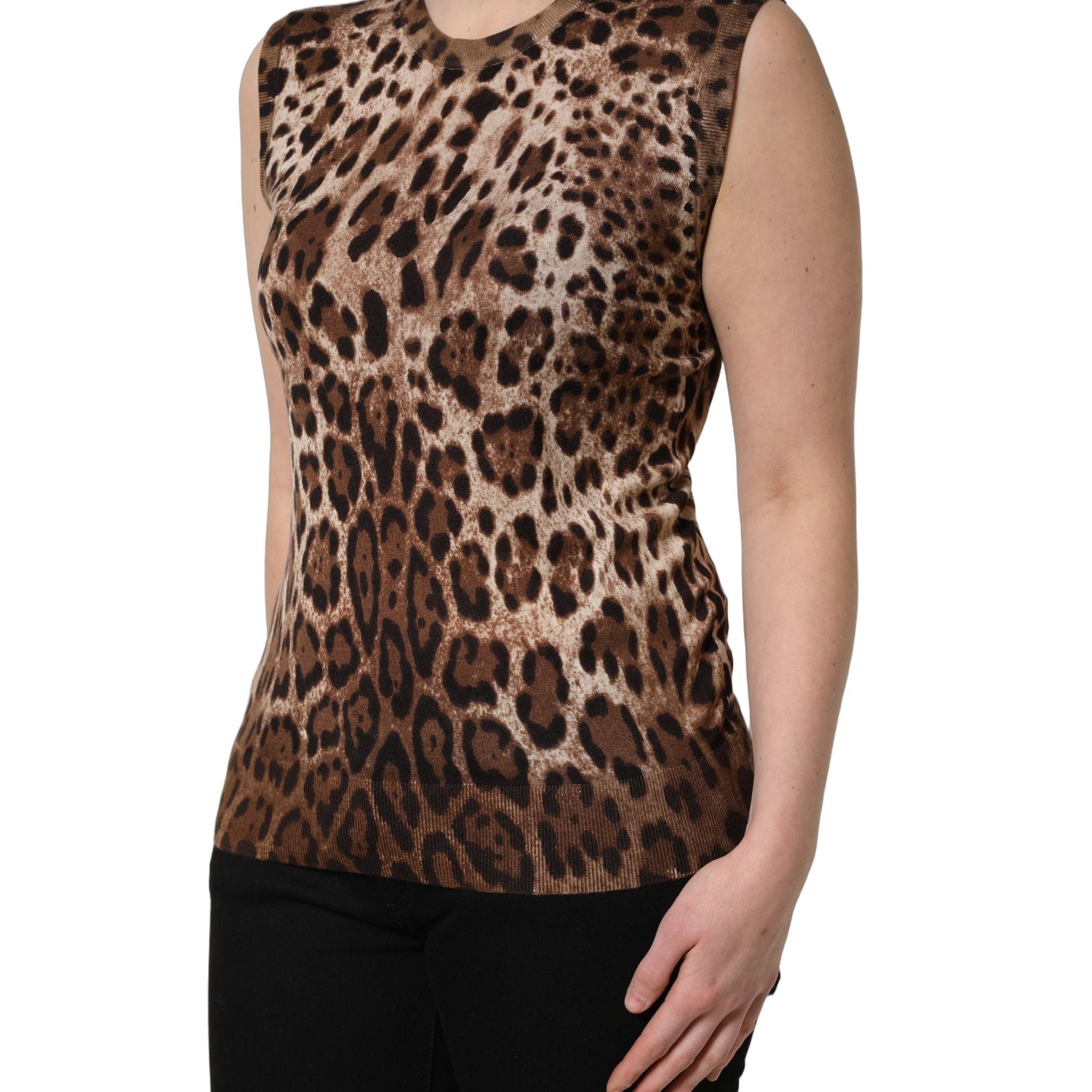 Dolce & Gabbana Brown Leopard Crew Neck Sleeveless Tank Top