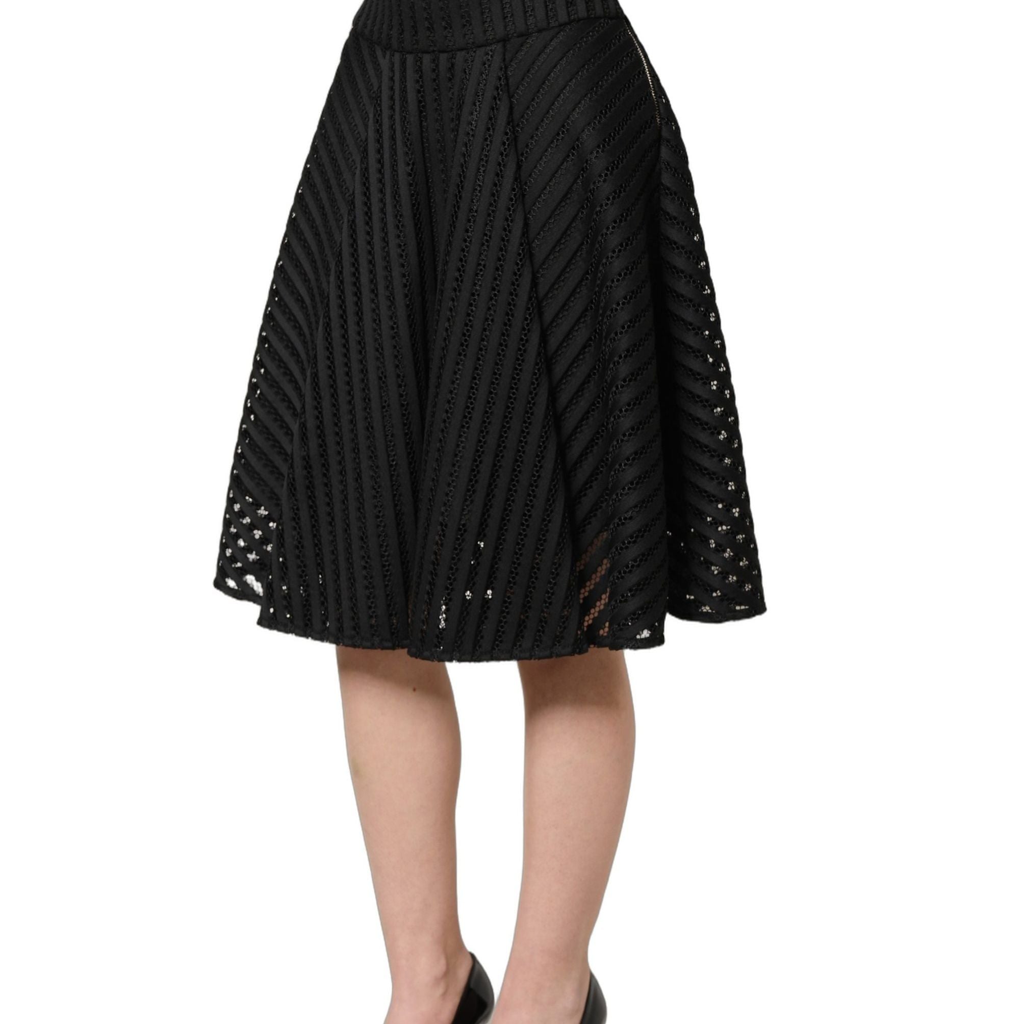 PINKO Cotton Striped Flared Silhouette Aline Midi Black