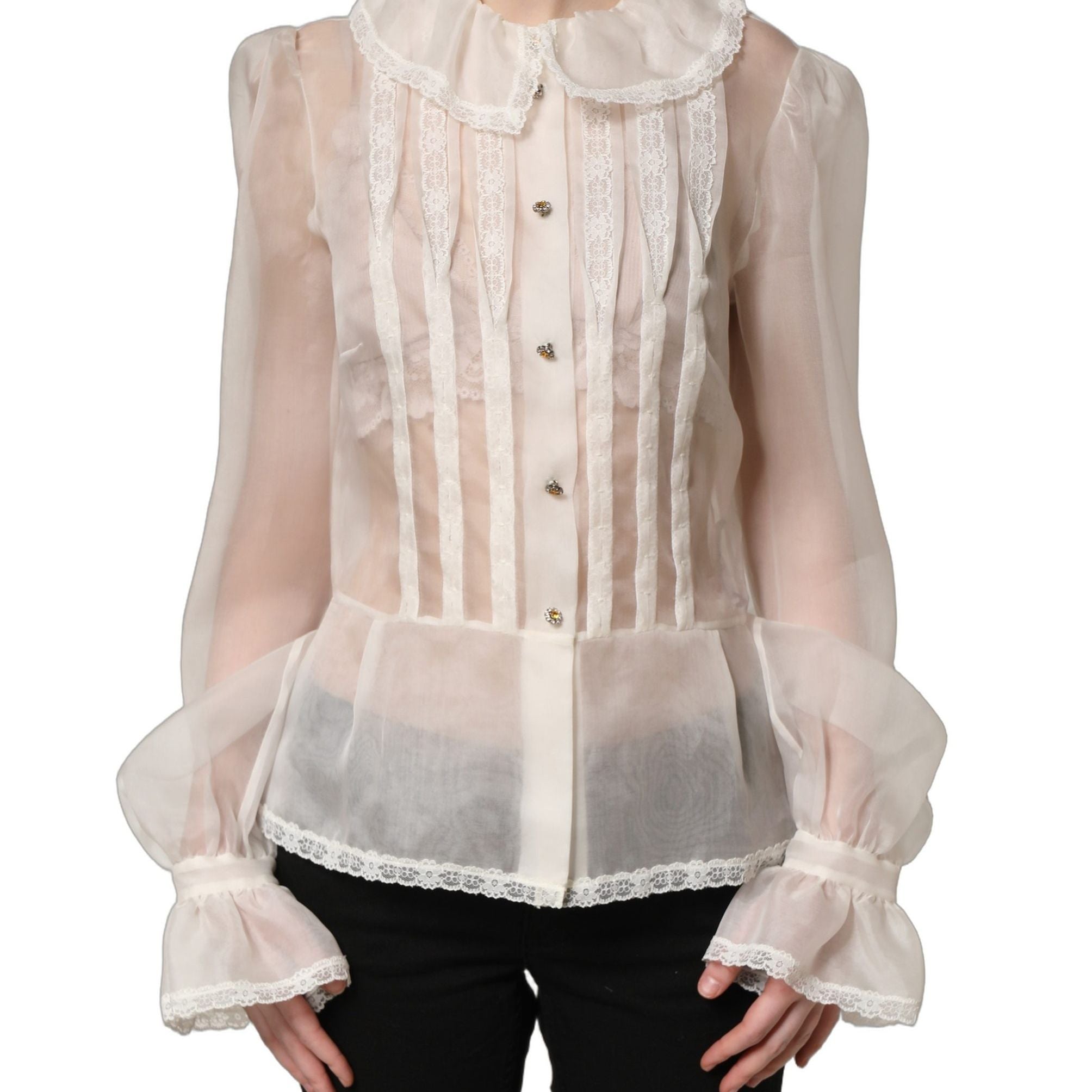 Dolce & Gabbana White Ruffled Sheer Silk Buttoned Blouse Top