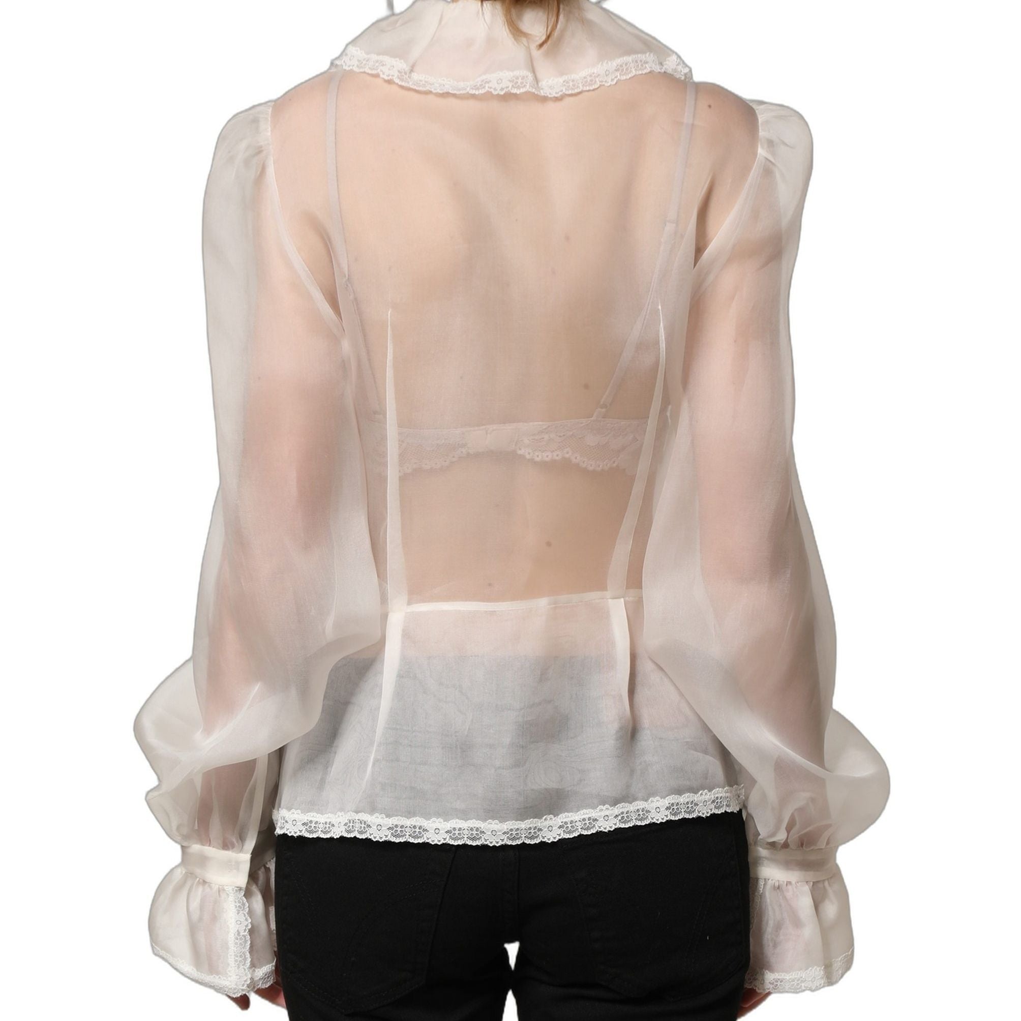 Dolce & Gabbana White Ruffled Sheer Silk Buttoned Blouse Top
