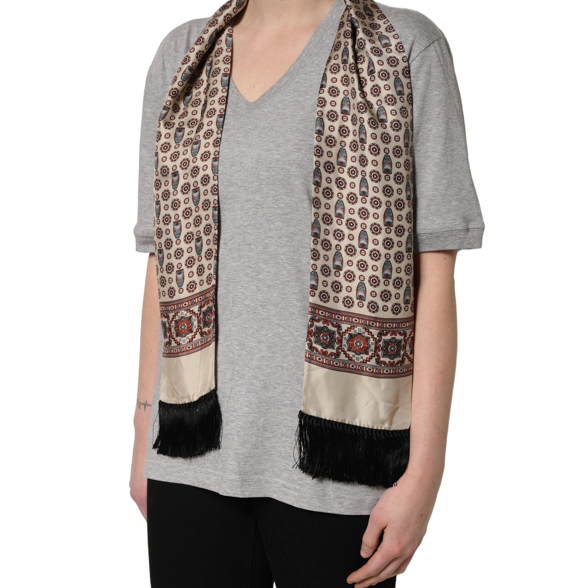 Dolce & Gabbana Gray Cotton V-neck Owl Silk Scarf Top T-shirt