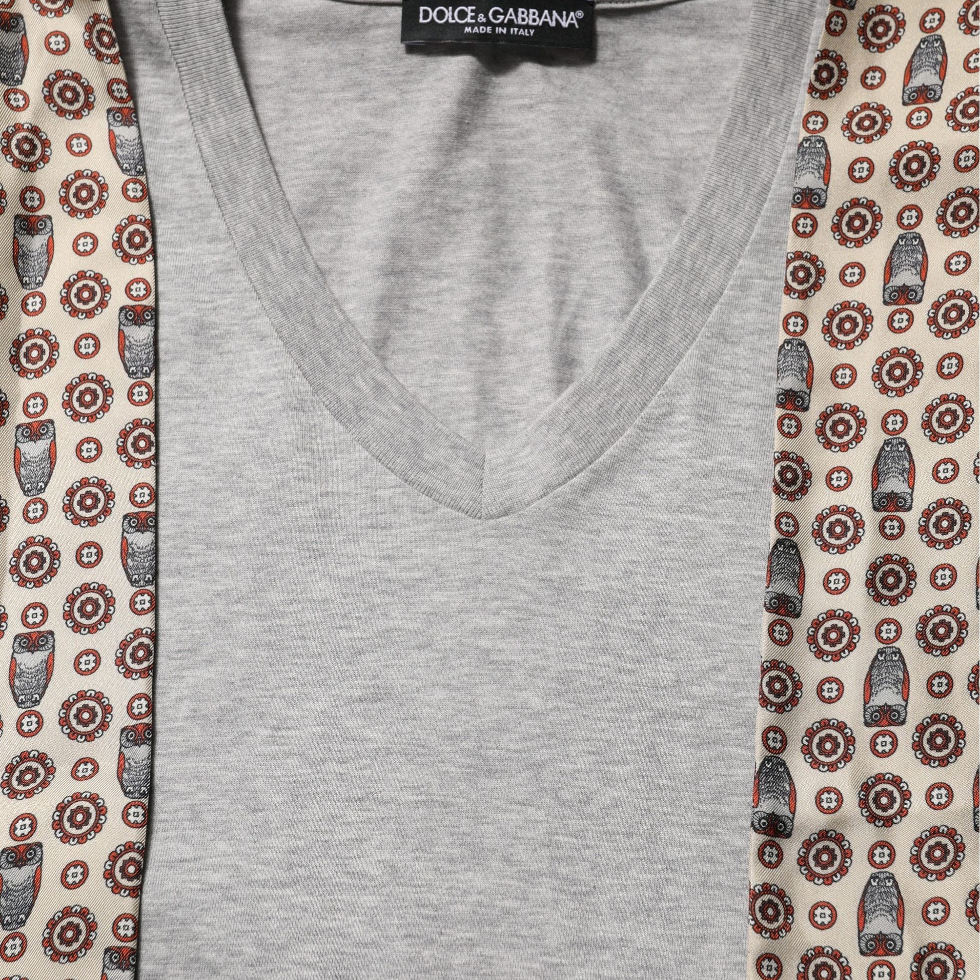 Dolce & Gabbana Gray Cotton V-neck Owl Silk Scarf Top T-shirt