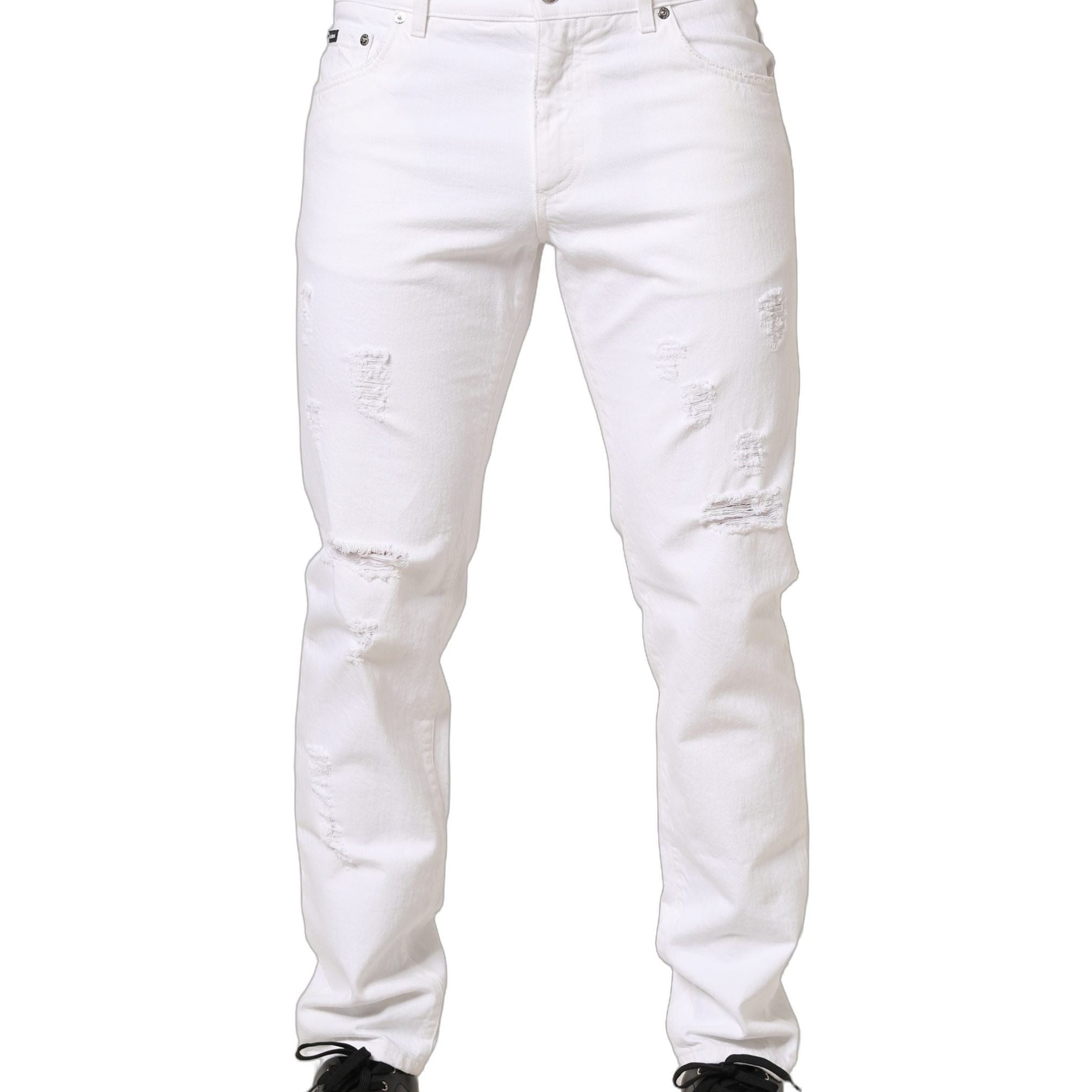Dolce & Gabbana White Cotton Ripped Slim Fit Men Denim Jeans