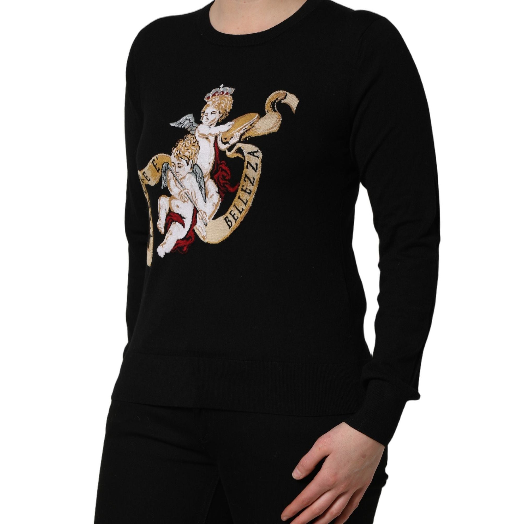 Dolce & Gabbana Black Angels Wool Crew Neck Pullover Sweater