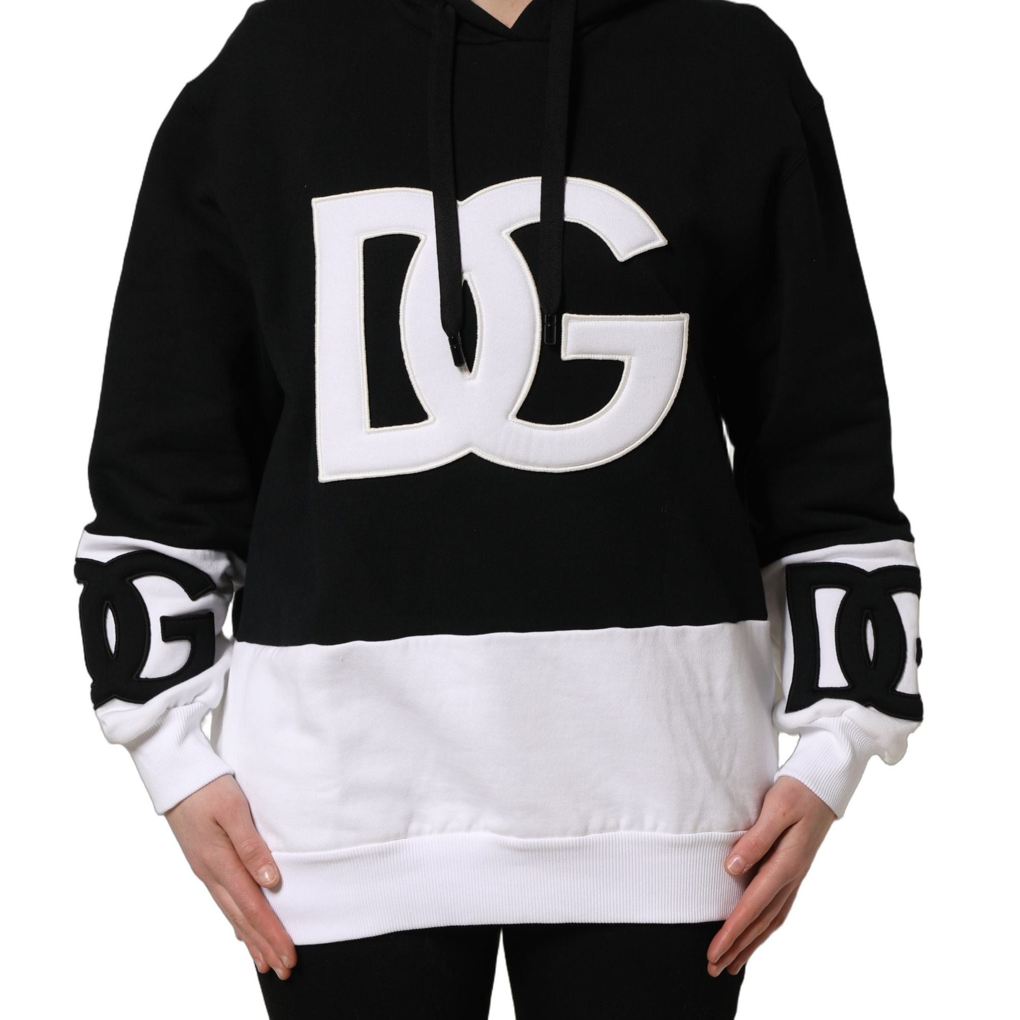 Dolce & Gabbana BlackWhite Appliqué Hooded Sweatshirt Sweater