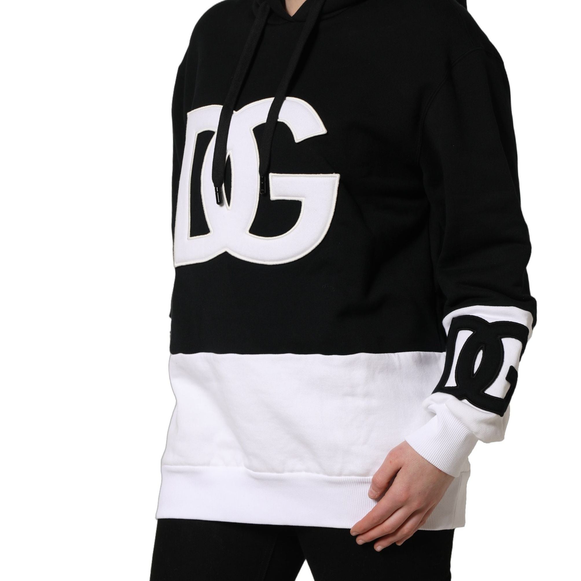Dolce & Gabbana BlackWhite Appliqué Hooded Sweatshirt Sweater