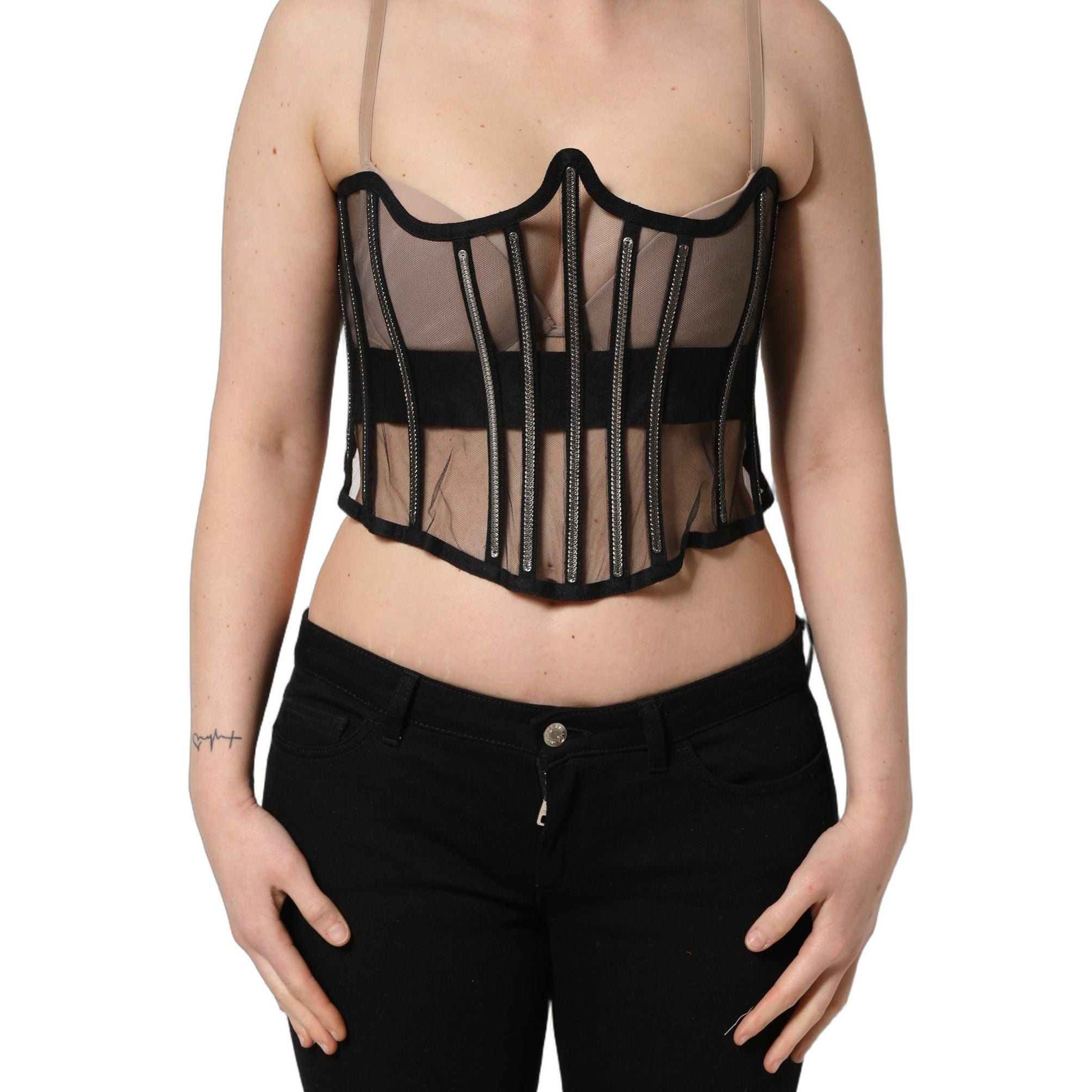 Dolce & Gabbana Black Sheer Tulle Bodysuit Cropped Corset Top