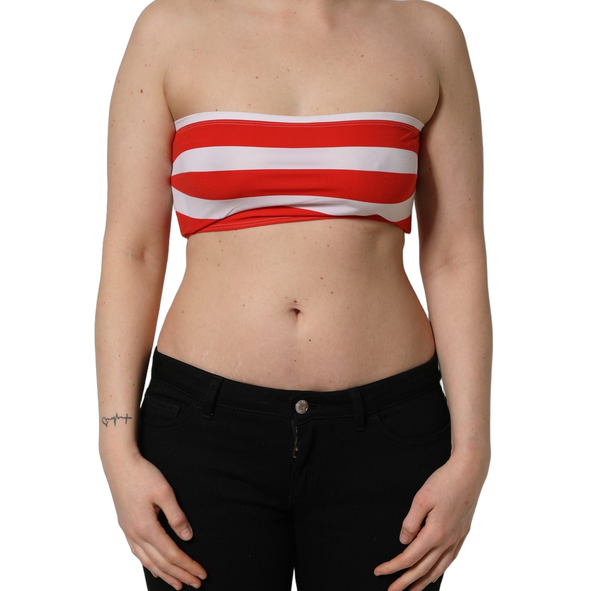 Dolce & Gabbana White Red Nylon Striped Ribbed Tube Crop Top