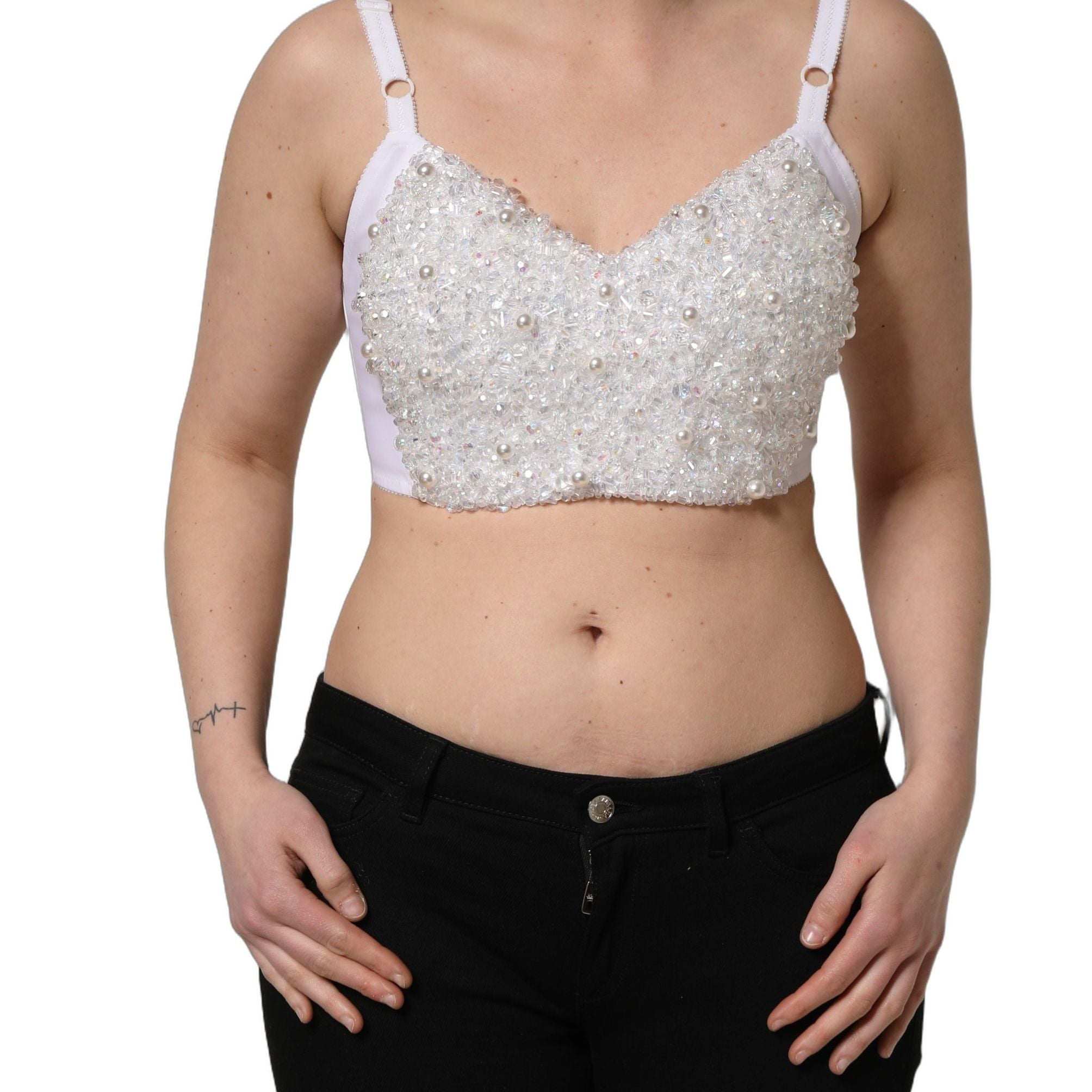 Dolce & Gabbana White Pearls Beaded Corset Bustier Crop Top