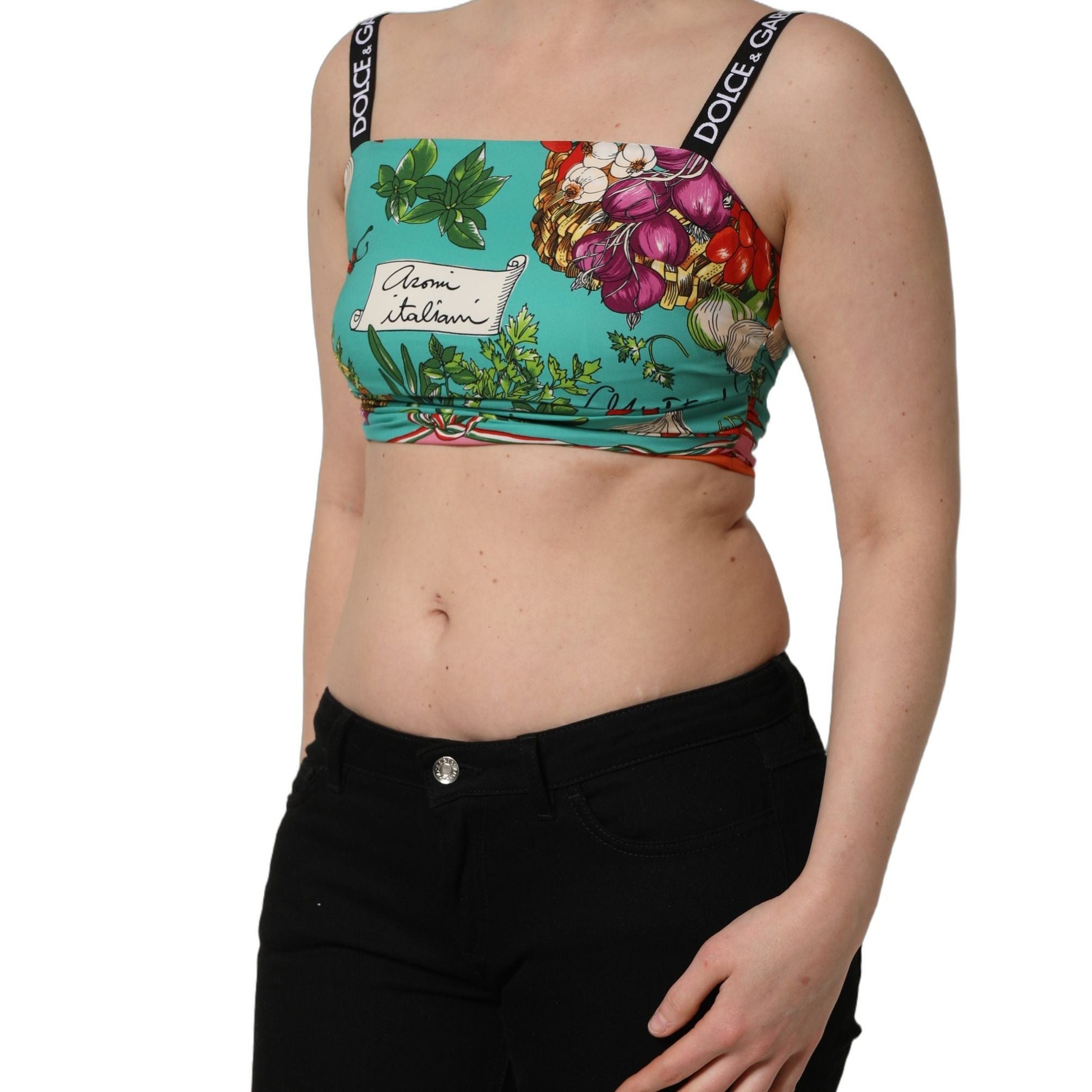 Dolce & Gabbana Turquoise Vegetable Print Silk Crop Tank Top