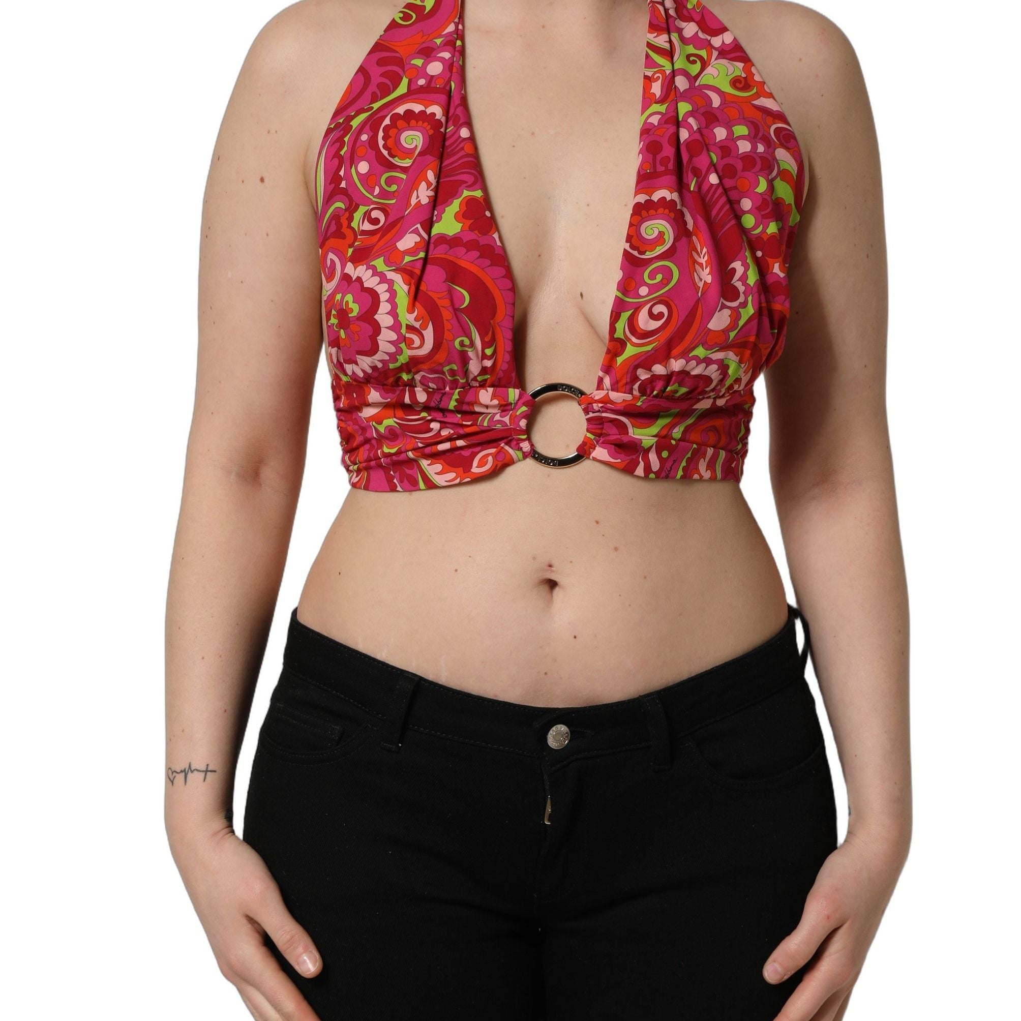 Dolce & Gabbana Red Paisley Silk Halter Neck Crop Tank Top