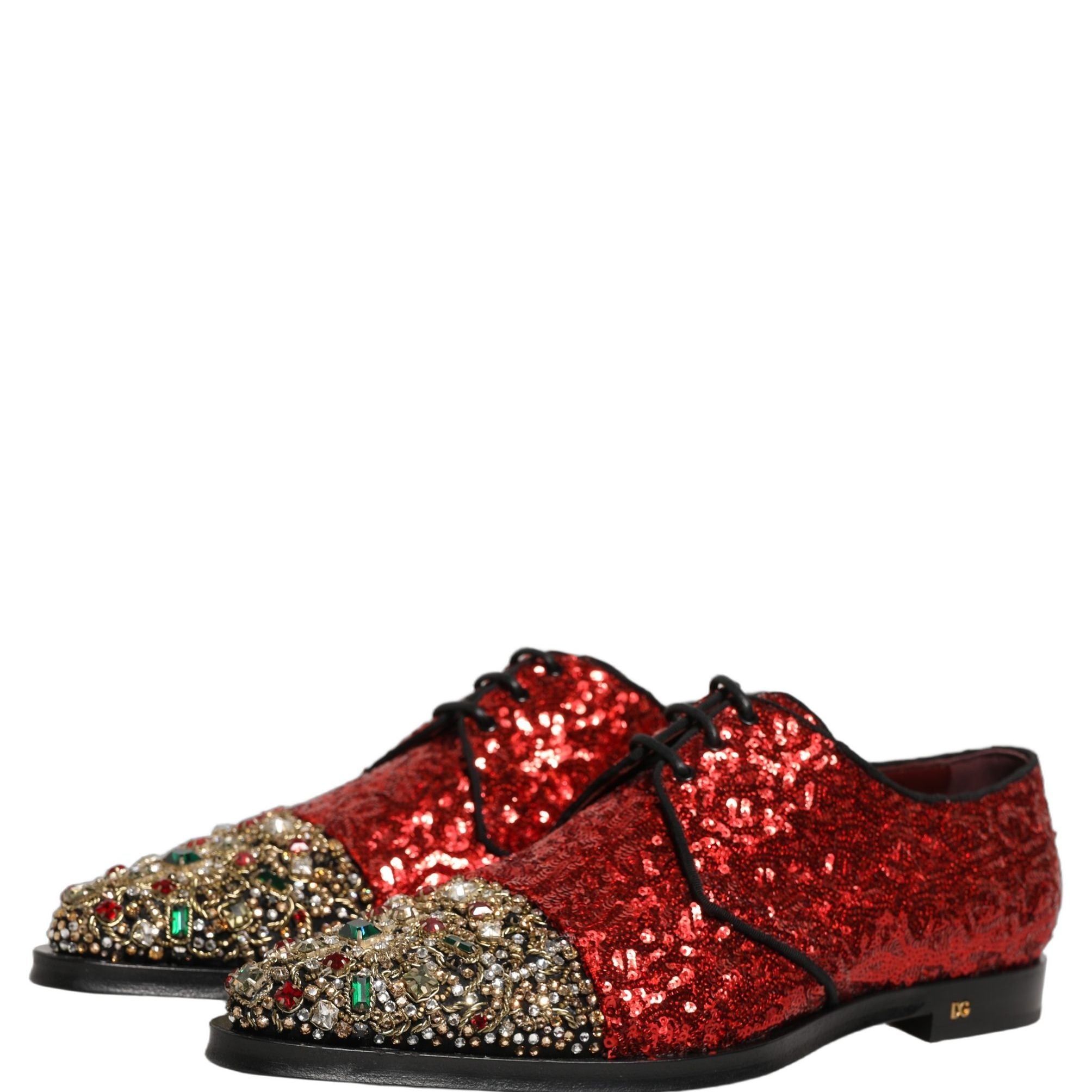 Dolce & Gabbana Red Sequin Embellished Men Derby Dress Shoes