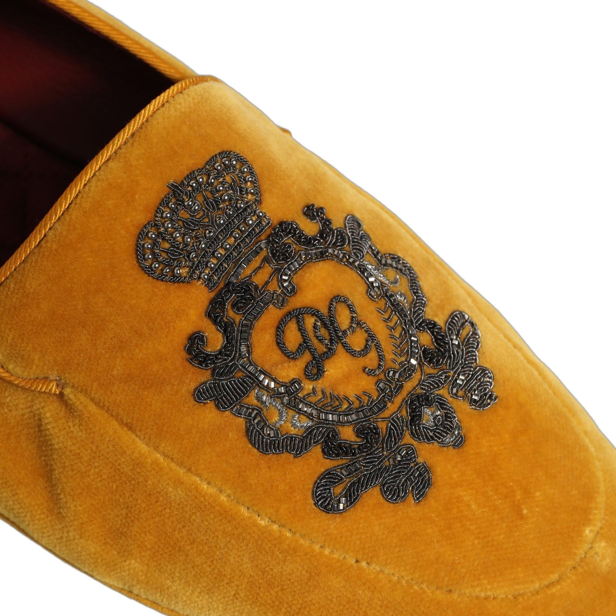Dolce & Gabbana Yellow Velvet Crown Embroidery Loafers Shoes