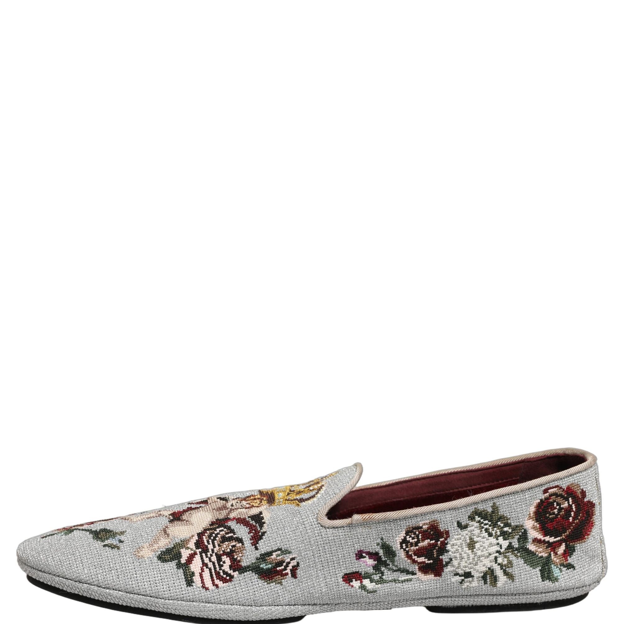 Dolce & Gabbana Gray Crown Rose Angel Embroidery Loafer Shoes