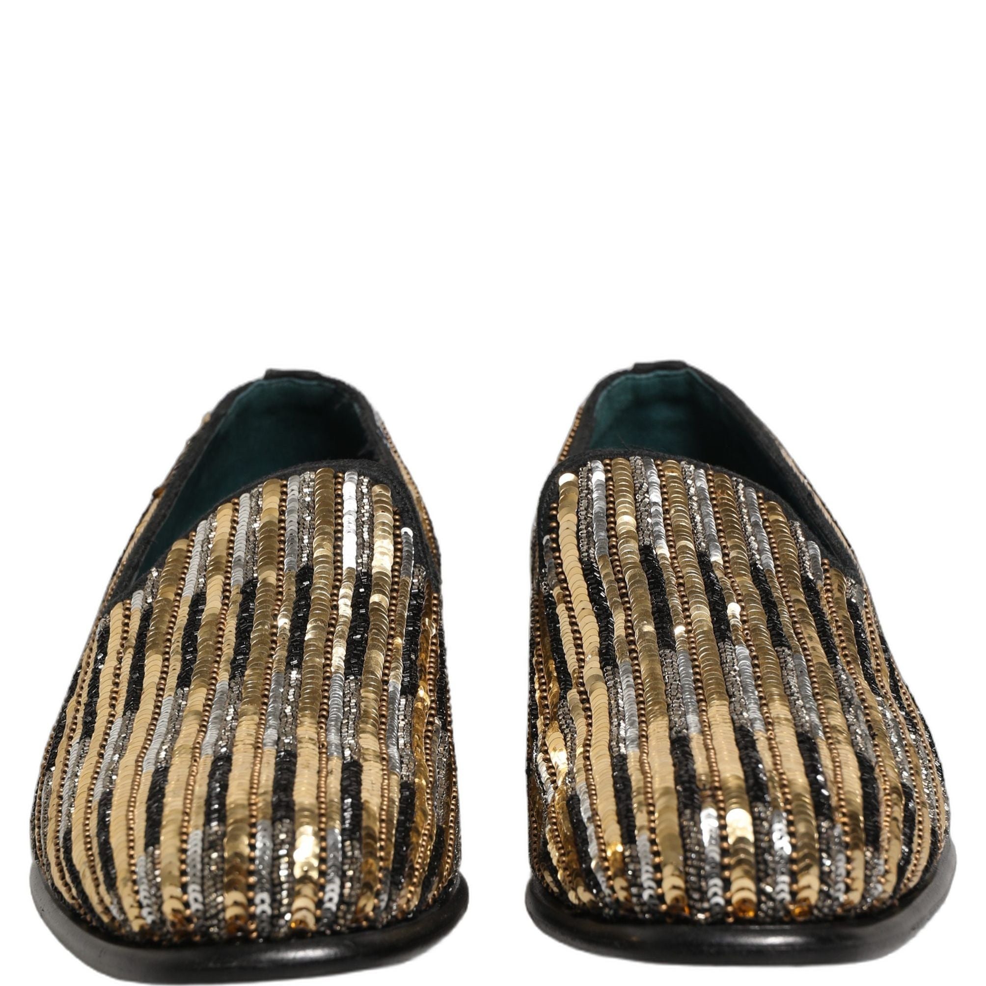 Dolce & Gabbana Gold Striped Sequin Embellished Loafer Shoes