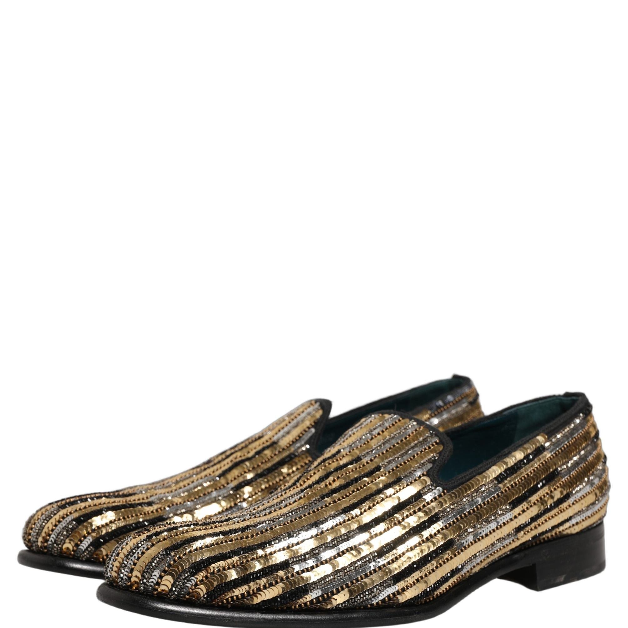 Dolce & Gabbana Gold Striped Sequin Embellished Loafer Shoes