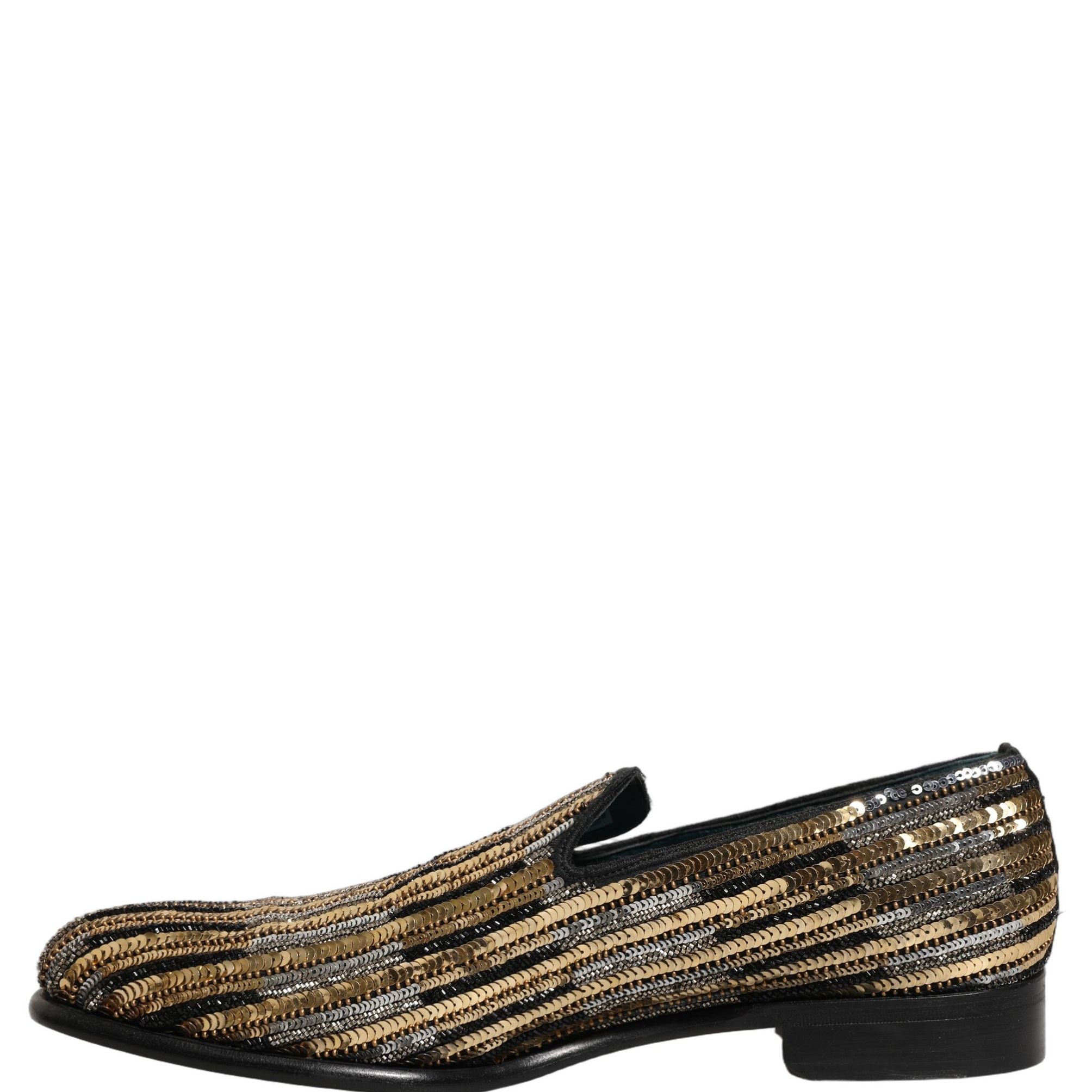 Dolce & Gabbana Gold Striped Sequin Embellished Loafer Shoes
