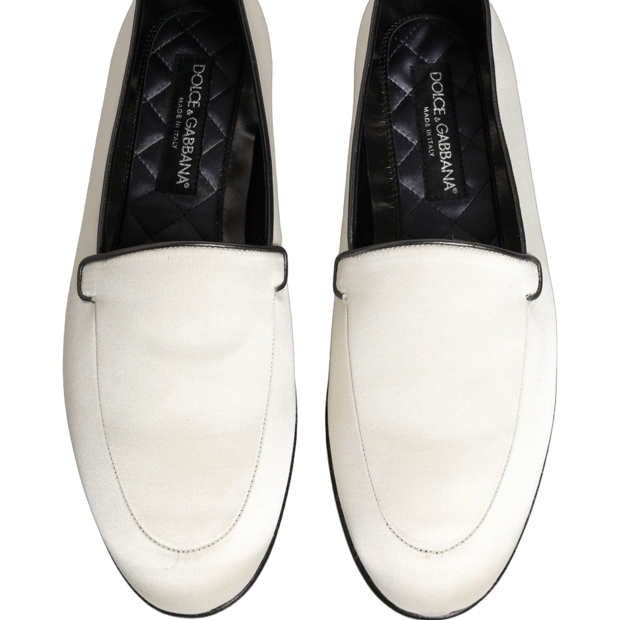 Dolce & Gabbana White Satin Logo Slip On Flats Loafers Shoes